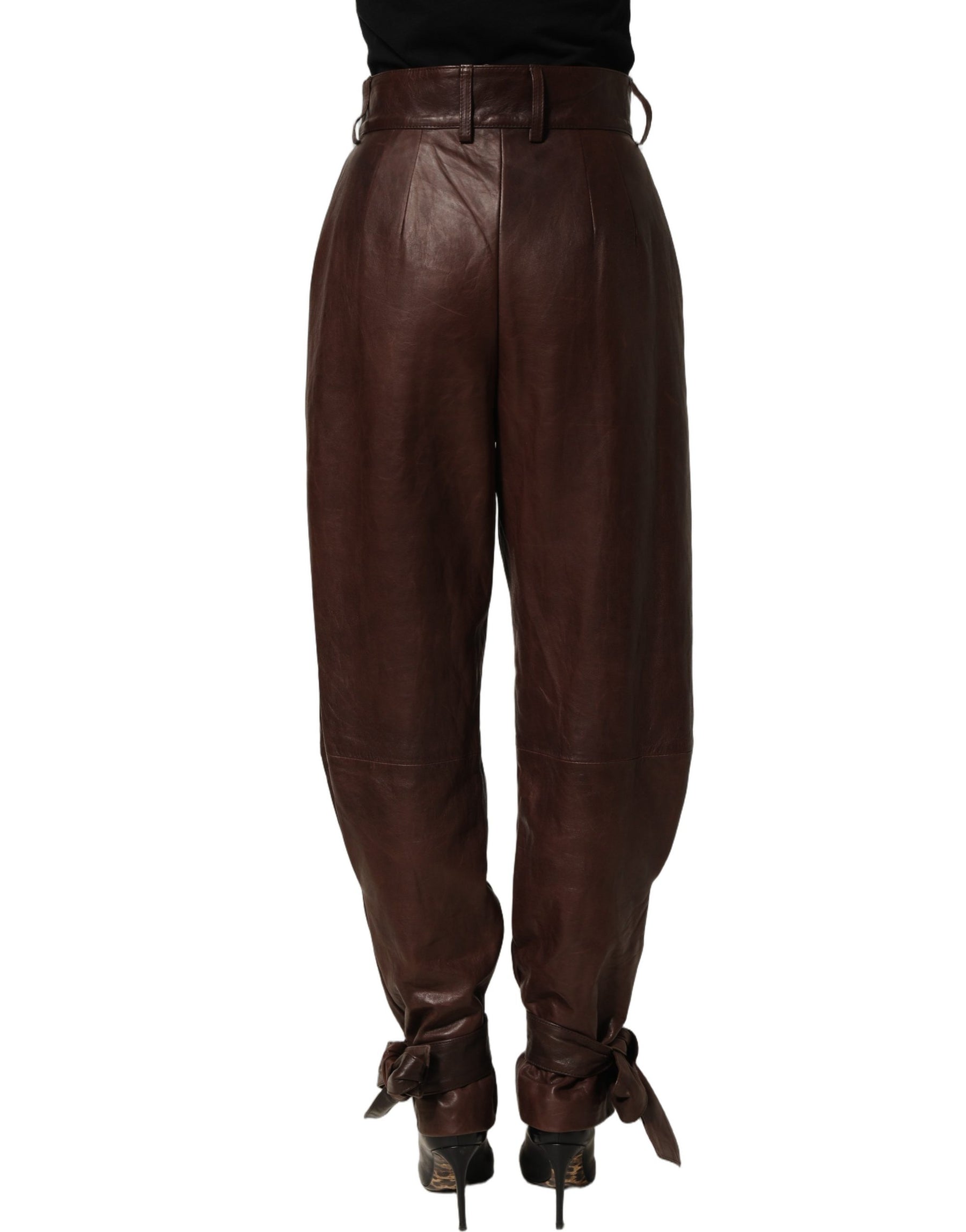 Dolce & Gabbana Brown Leather High Waist Tapered Leg Pants | Regal Royce