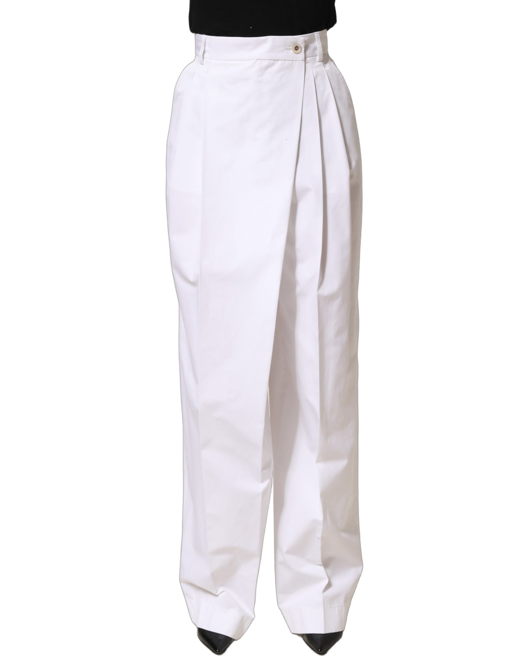 Dolce & Gabbana White Cotton High Waist Pleated Wide Leg Pants | Regal Royce