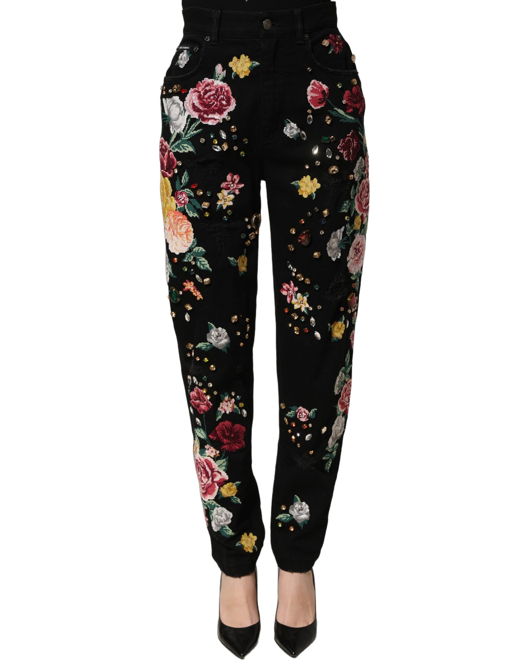 Dolce & Gabbana Black Floral Cotton High Waist Tapered Pants | Regal Royce
