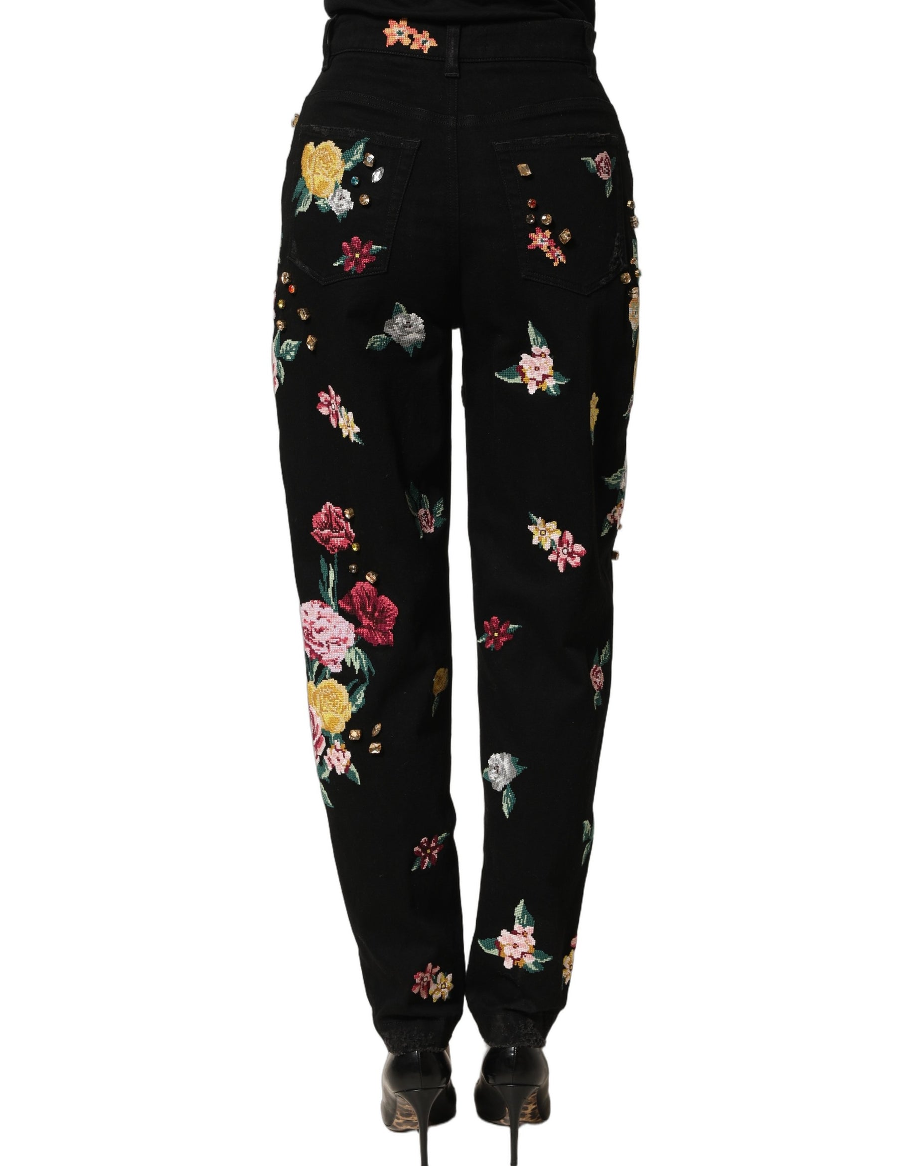 Dolce & Gabbana Black Floral Cotton High Waist Tapered Pants | Regal Royce