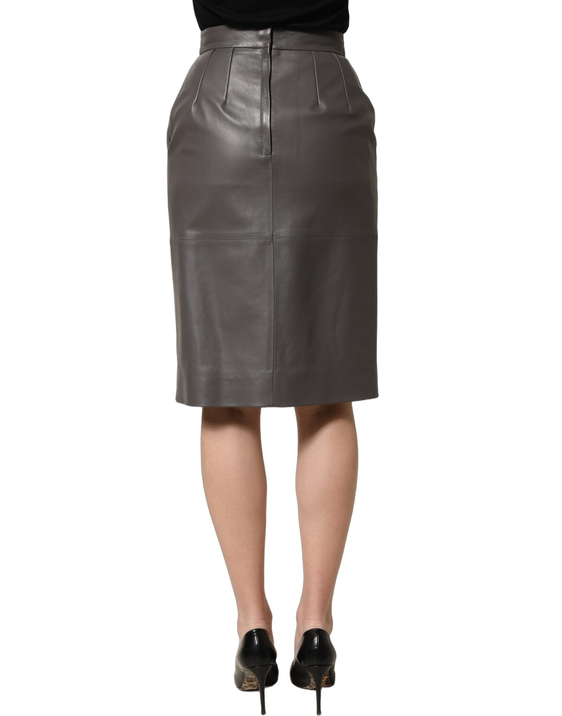 Dolce & Gabbana Gray Leather High Waist Pencil Cut Midi Skirt | Regal Royce