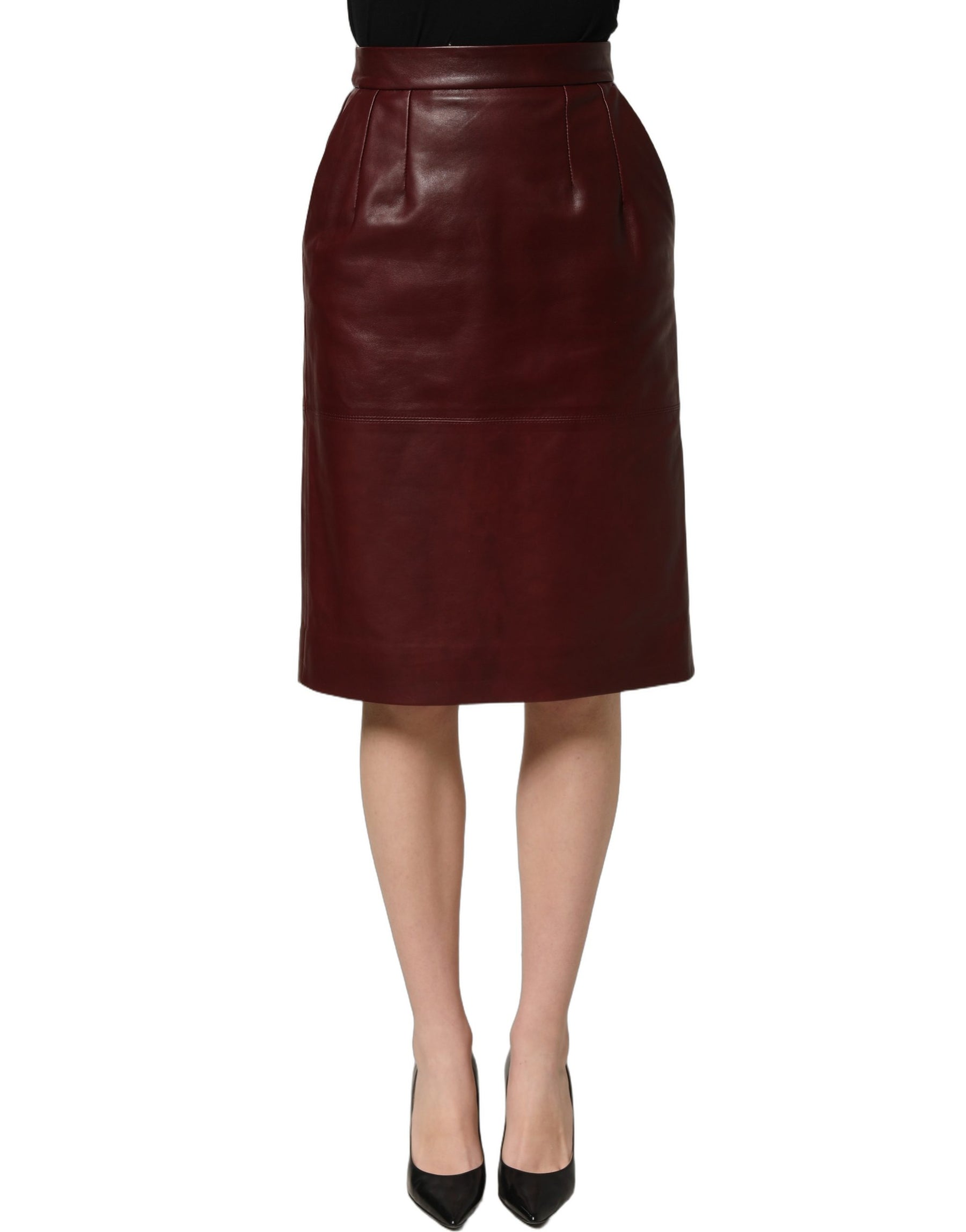 Dolce & Gabbana Burgundy Leather High Waist Pencil Midi Skirt | Regal Royce