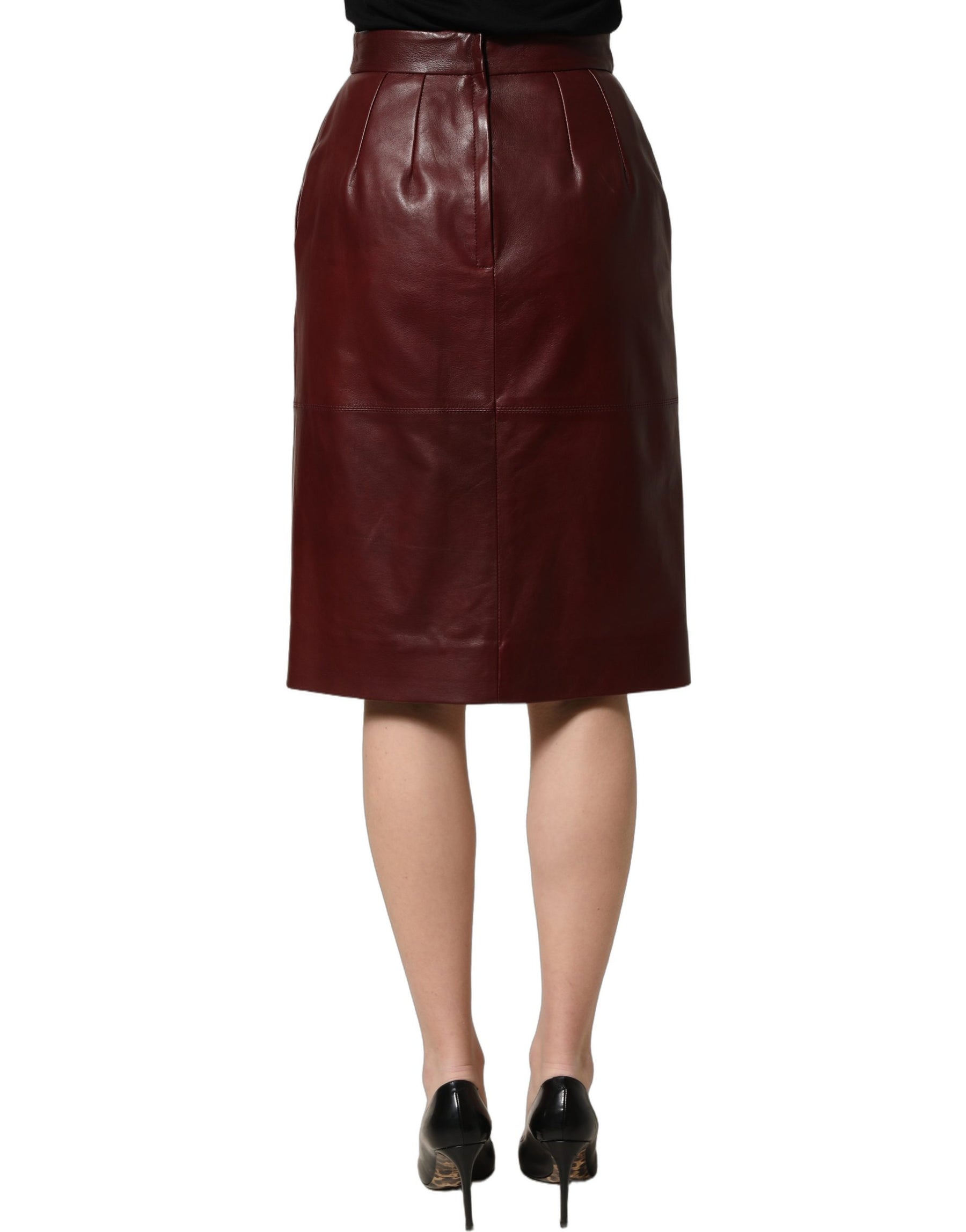 Dolce & Gabbana Burgundy Leather High Waist Pencil Midi Skirt | Regal Royce