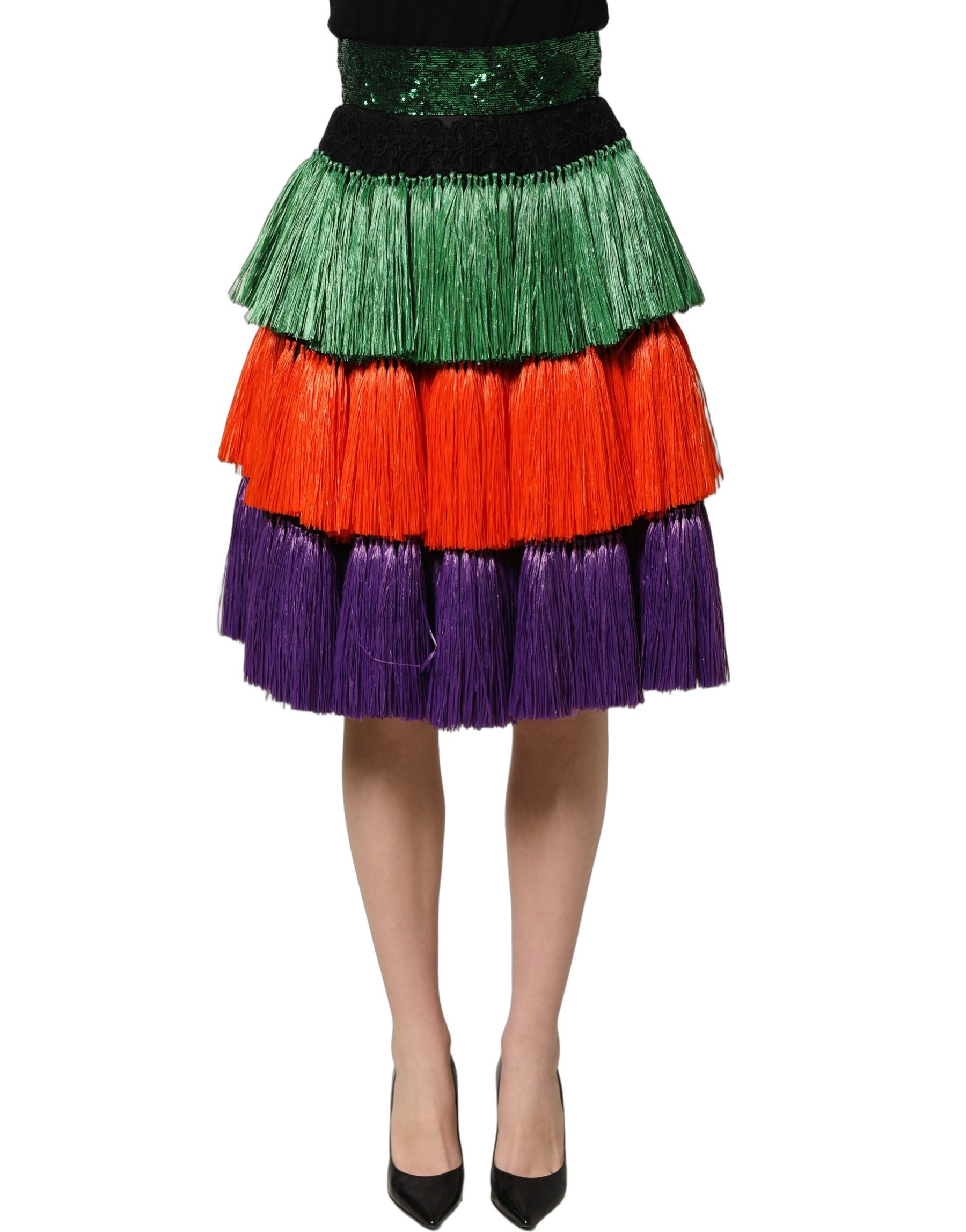 Dolce & Gabbana Multicolor Fringed High Waist Knee Length Skirt | Regal Royce