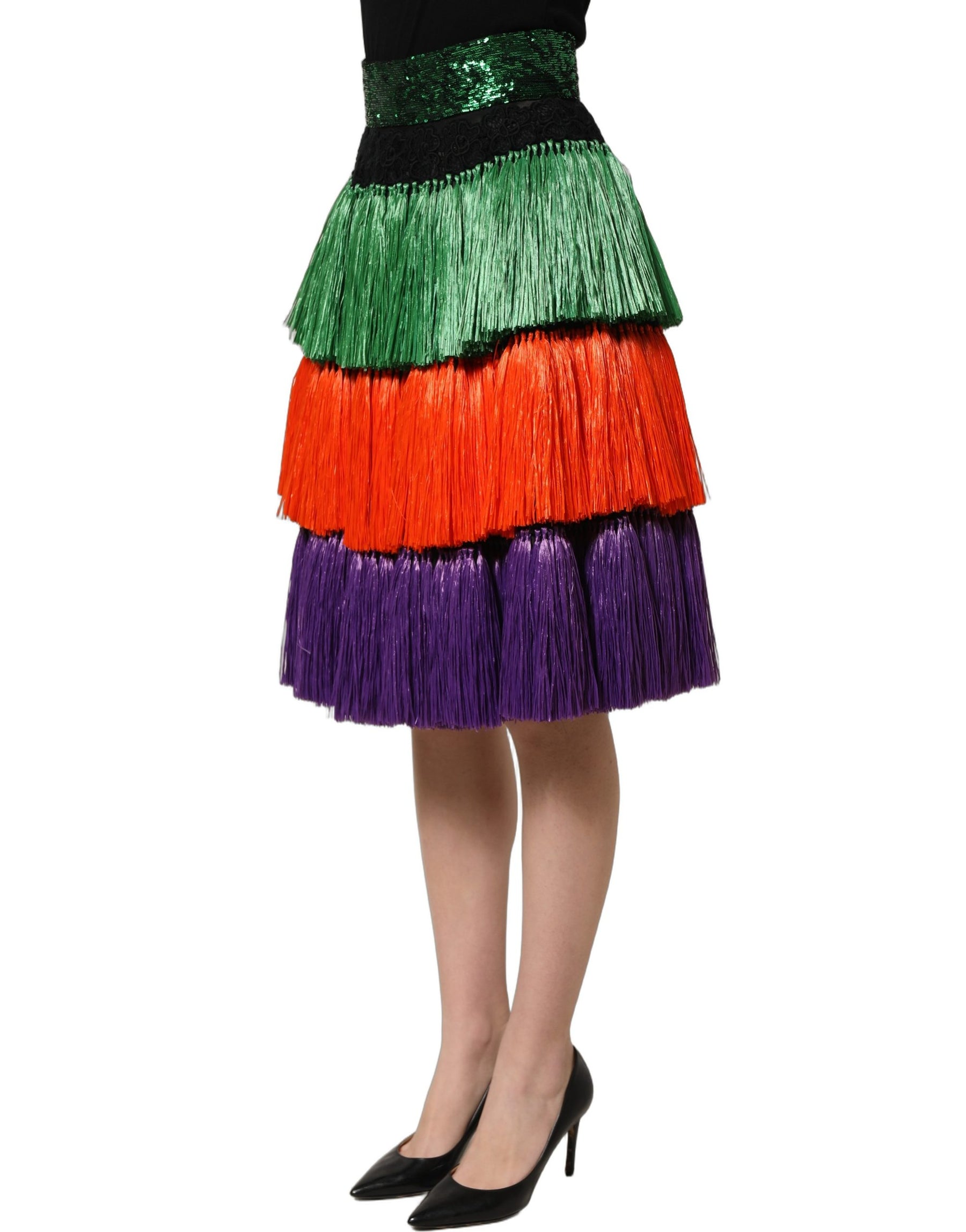 Dolce & Gabbana Multicolor Fringed High Waist Knee Length Skirt | Regal Royce