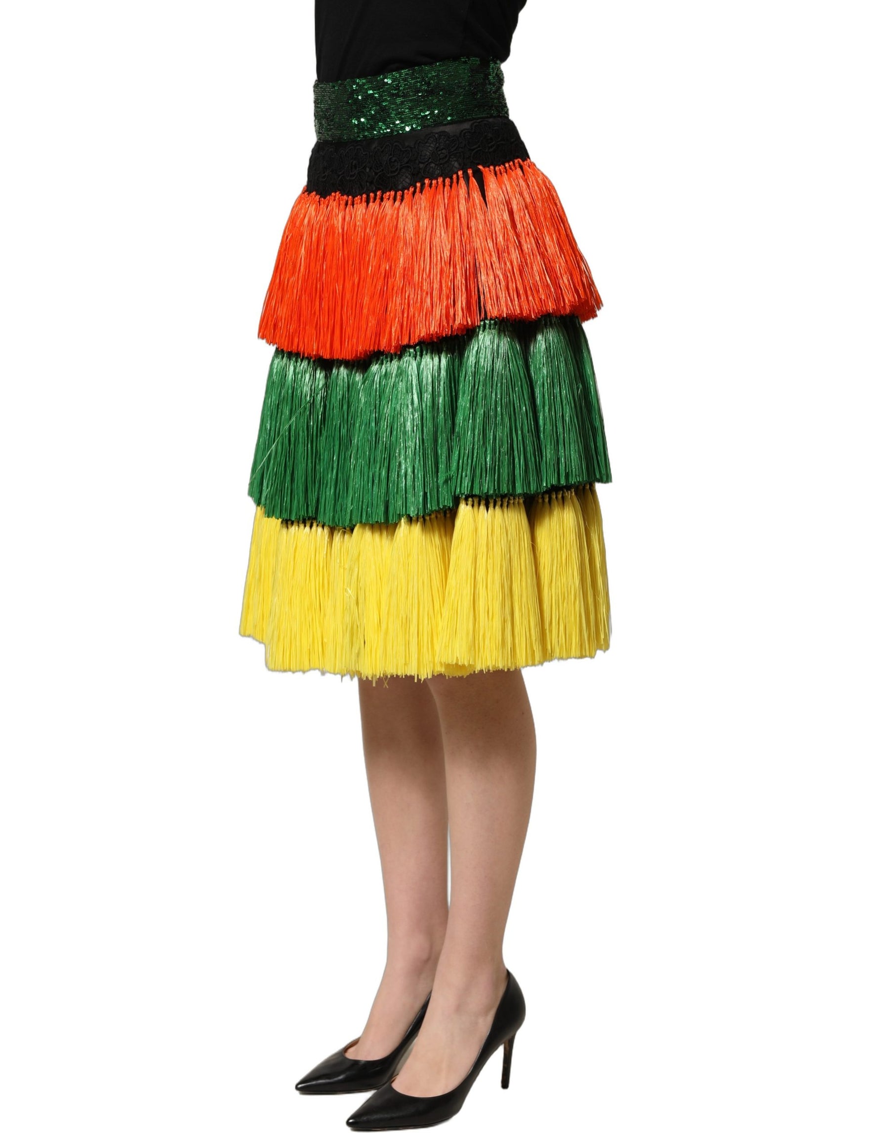 Dolce & Gabbana Multicolor Fringe Sequin High Waist Knee Length Skirt | Regal Royce
