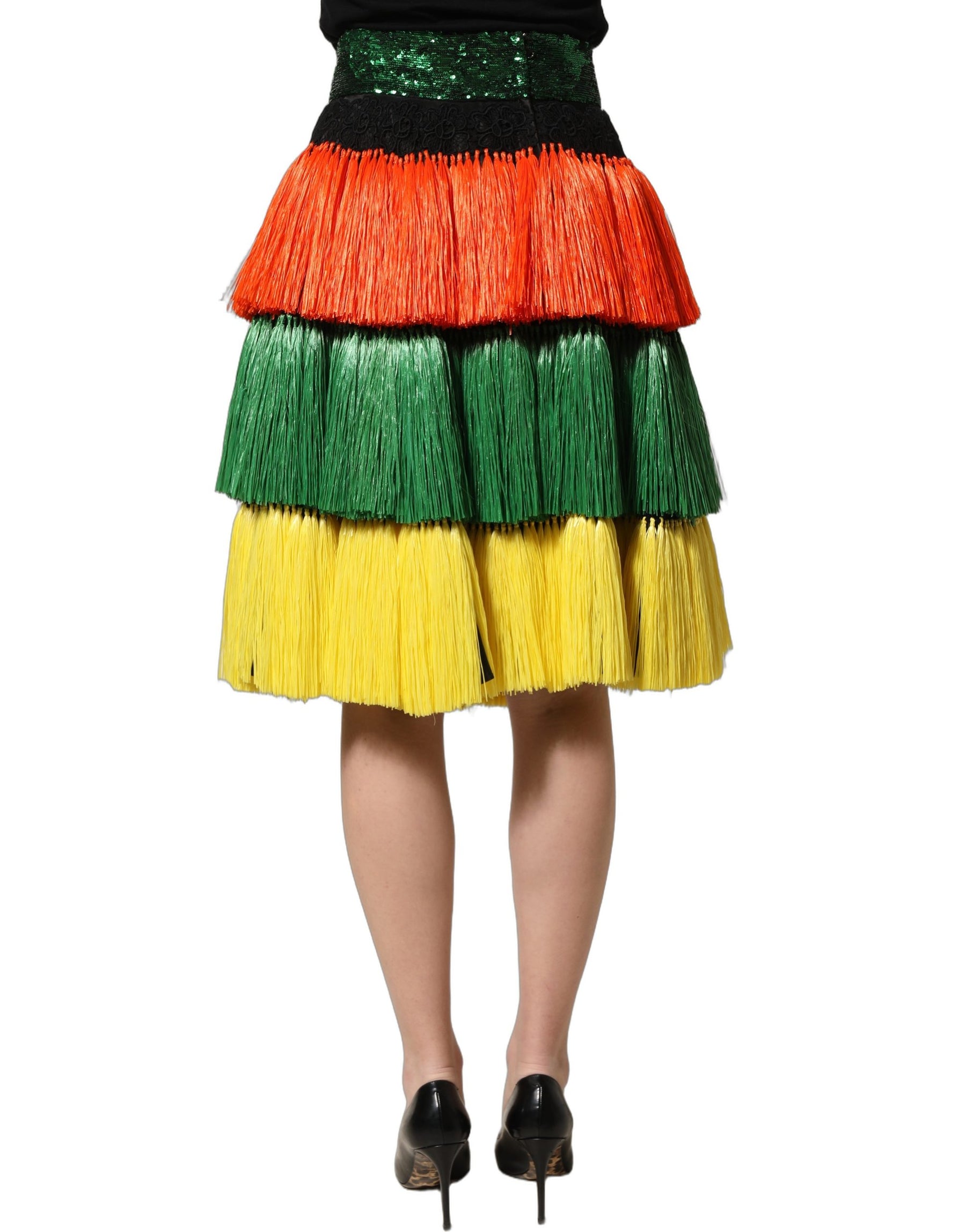 Dolce & Gabbana Multicolor Fringe Sequin High Waist Knee Length Skirt | Regal Royce