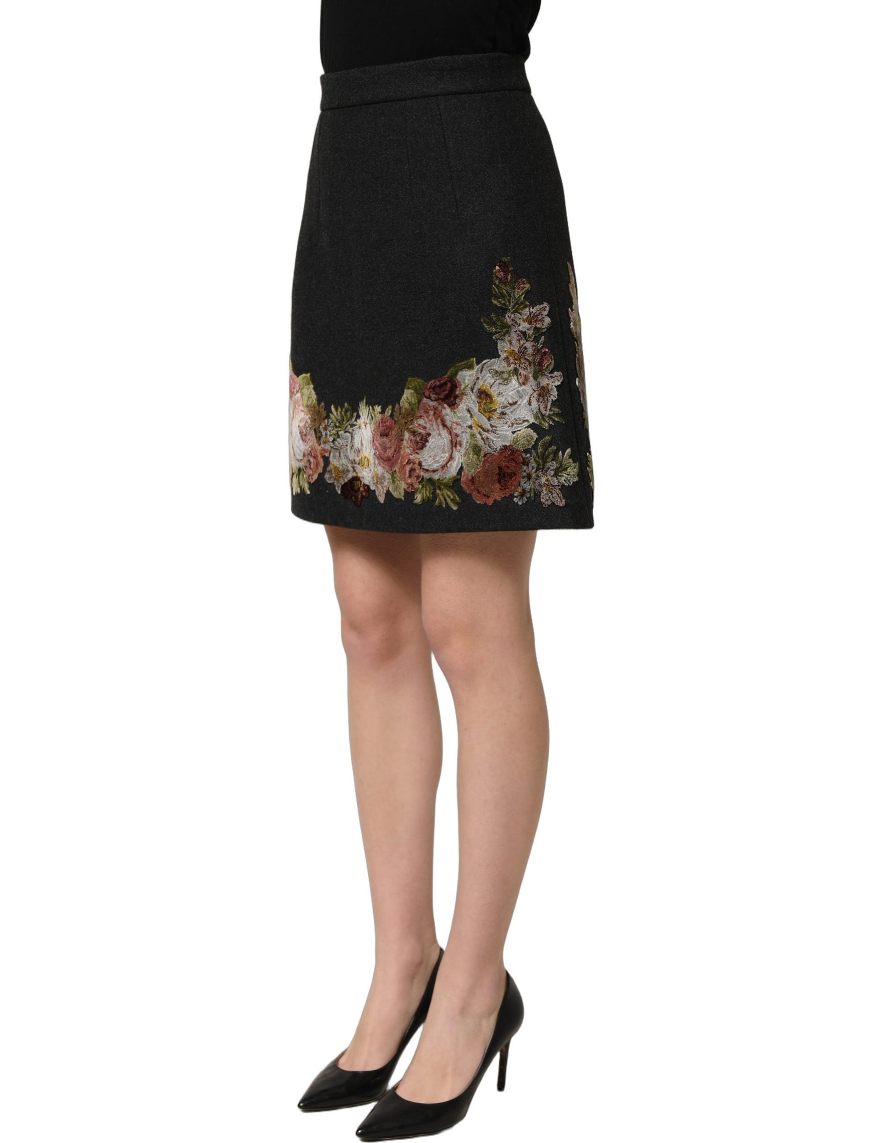 Dolce & Gabbana Black Floral Macramé High Waist A-line Skirt | Regal Royce