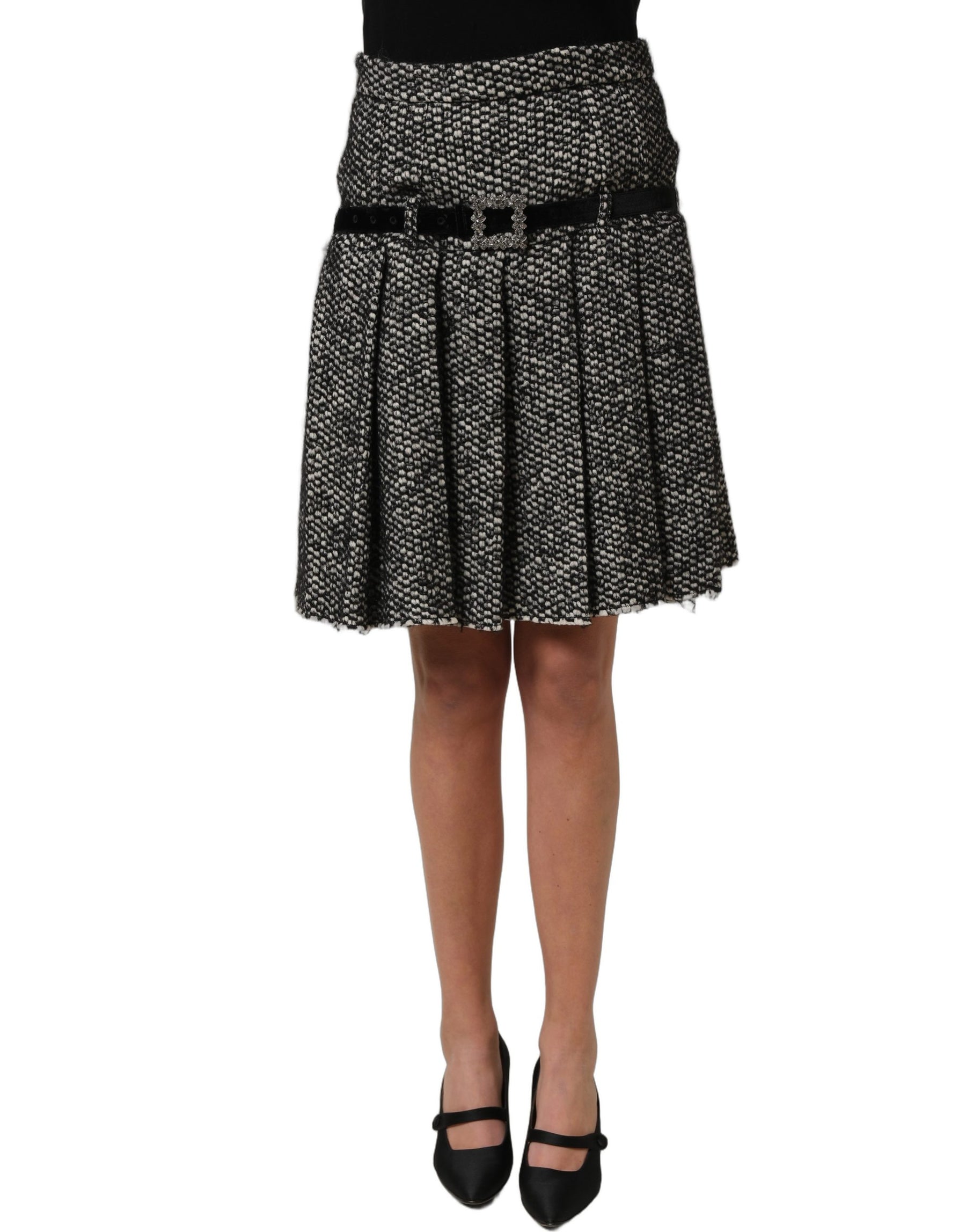 Dolce & Gabbana Black White Tweed High Waist Pleated Skirt | Regal Royce