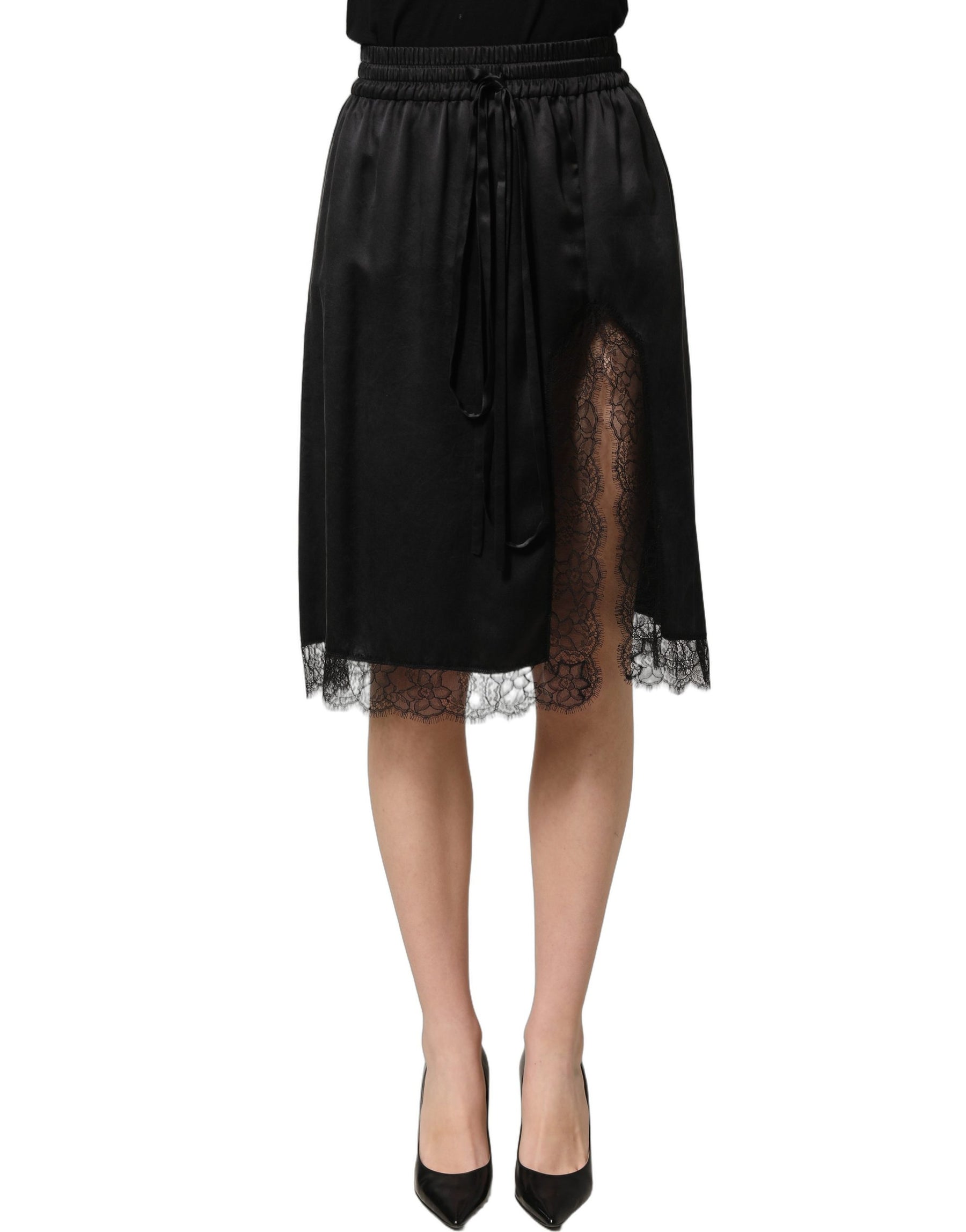 Dolce & Gabbana Black Lace Trimmed Satin Side Slit Skirt | Regal Royce