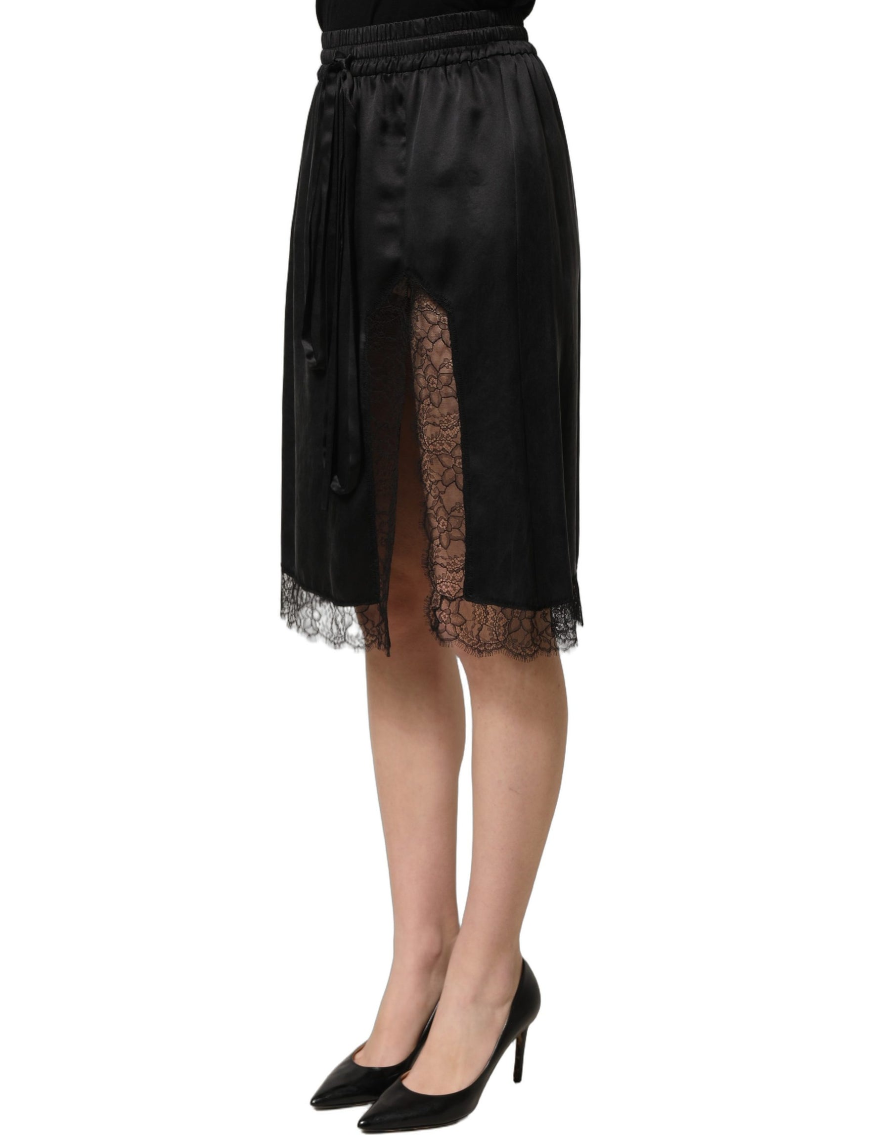 Dolce & Gabbana Black Lace Trimmed Satin Side Slit Skirt | Regal Royce