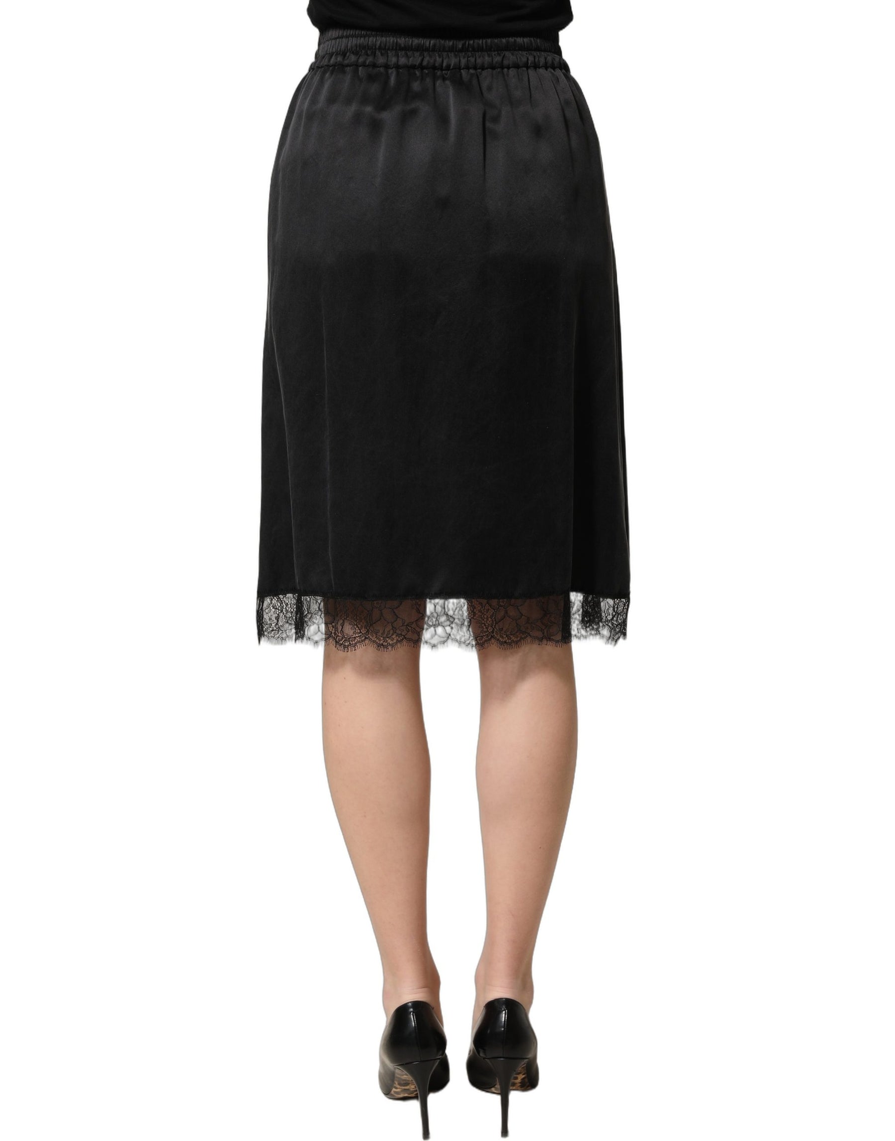 Dolce & Gabbana Black Lace Trimmed Satin Side Slit Skirt | Regal Royce