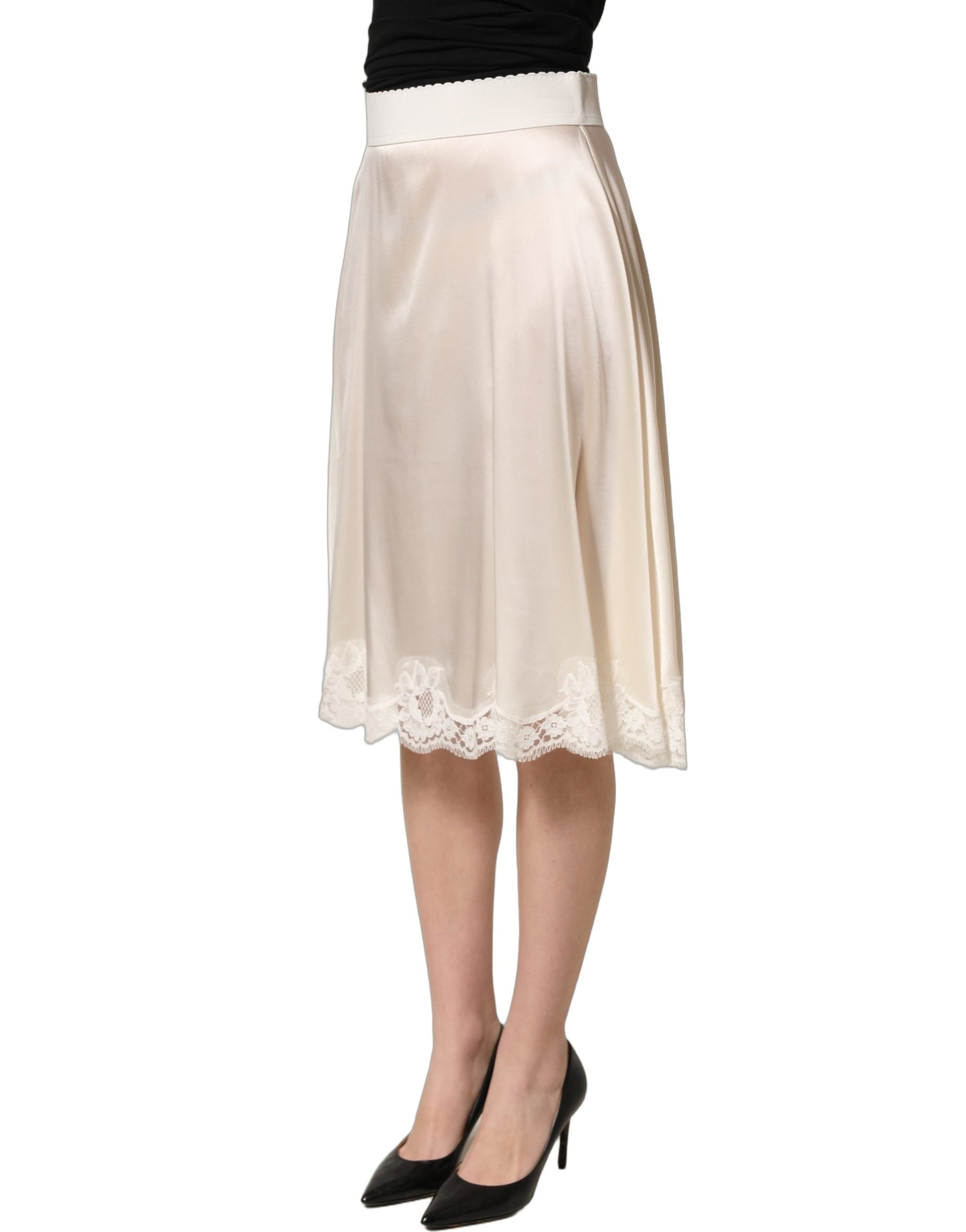 Dolce & Gabbana Off White Lace Trimmed Satin High Waist Skirt | Regal Royce