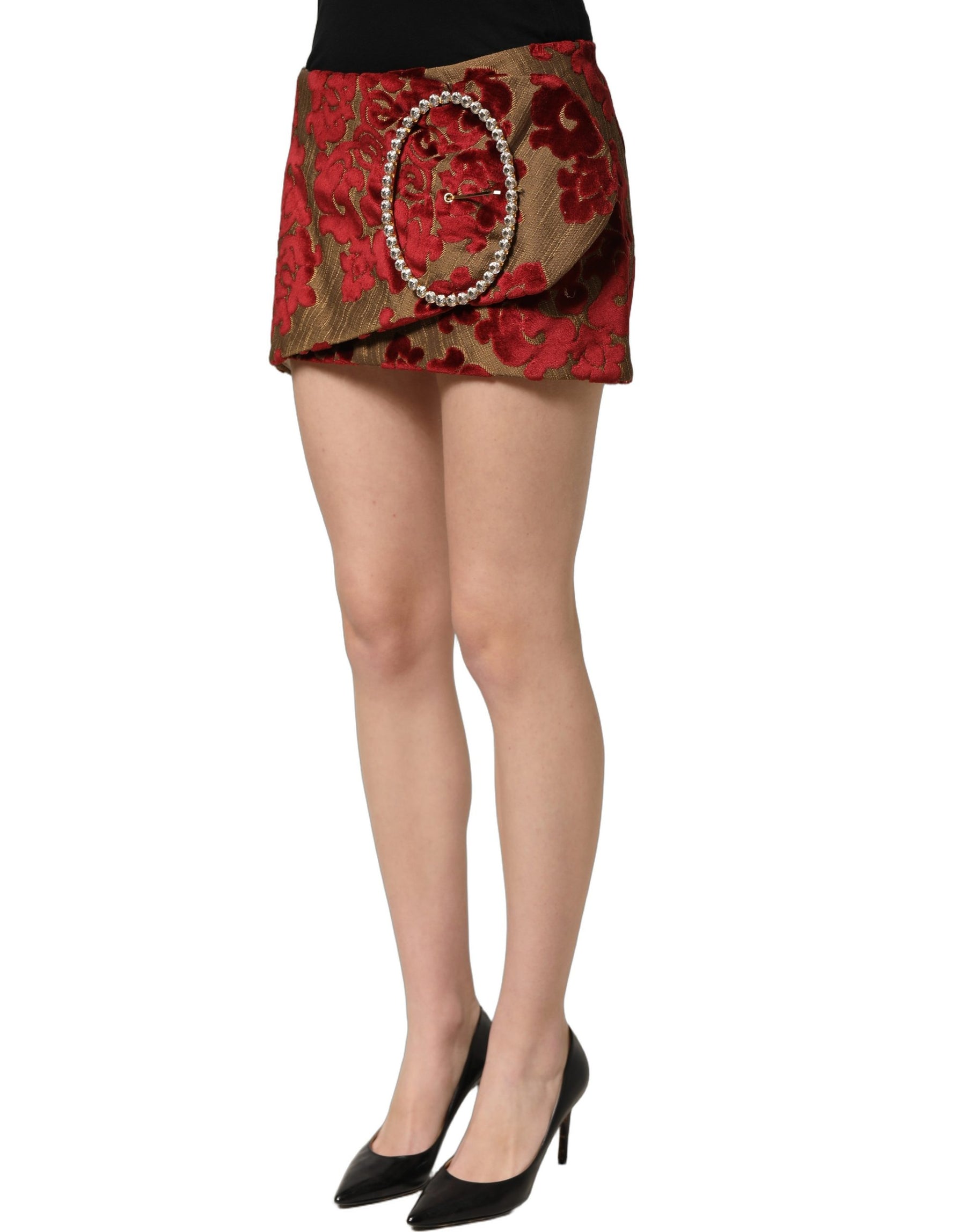 Dolce & Gabbana Maroon Floral Jacquard Rhinestone Mini Skirt | Regal Royce