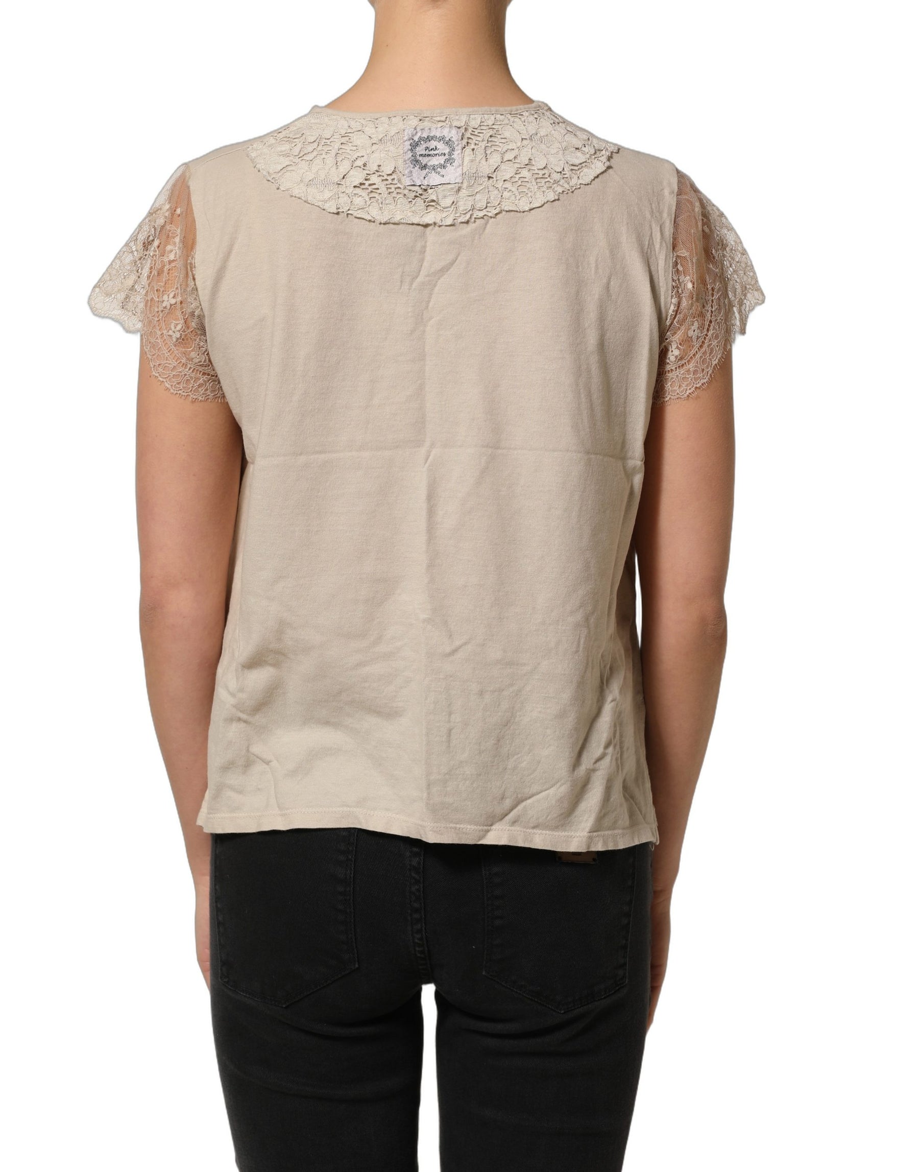 PINK MEMORIES Beige Cotton Lace Detailing Round Neck Top | Regal Royce