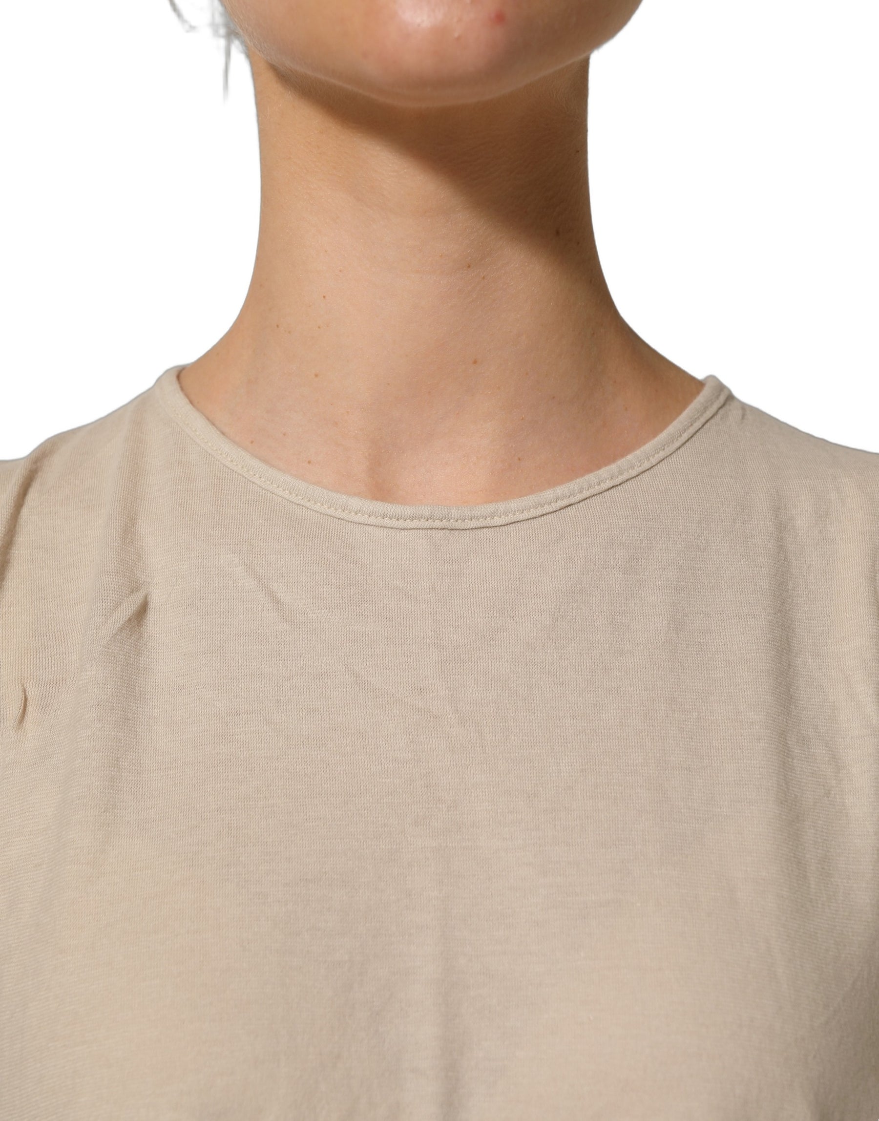 PINK MEMORIES Beige Cotton Lace Detailing Round Neck Top | Regal Royce