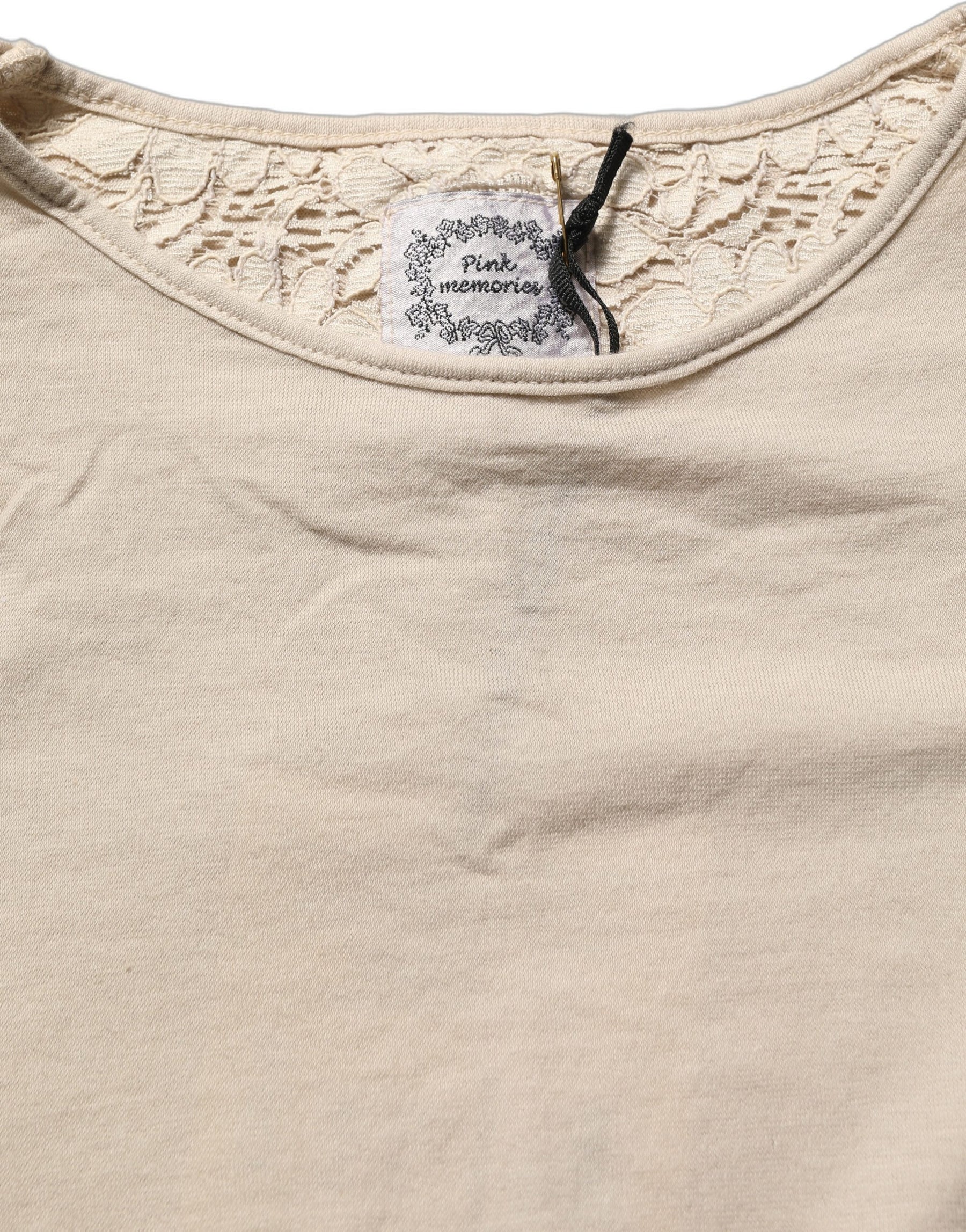 PINK MEMORIES Beige Cotton Lace Detailing Round Neck Top | Regal Royce
