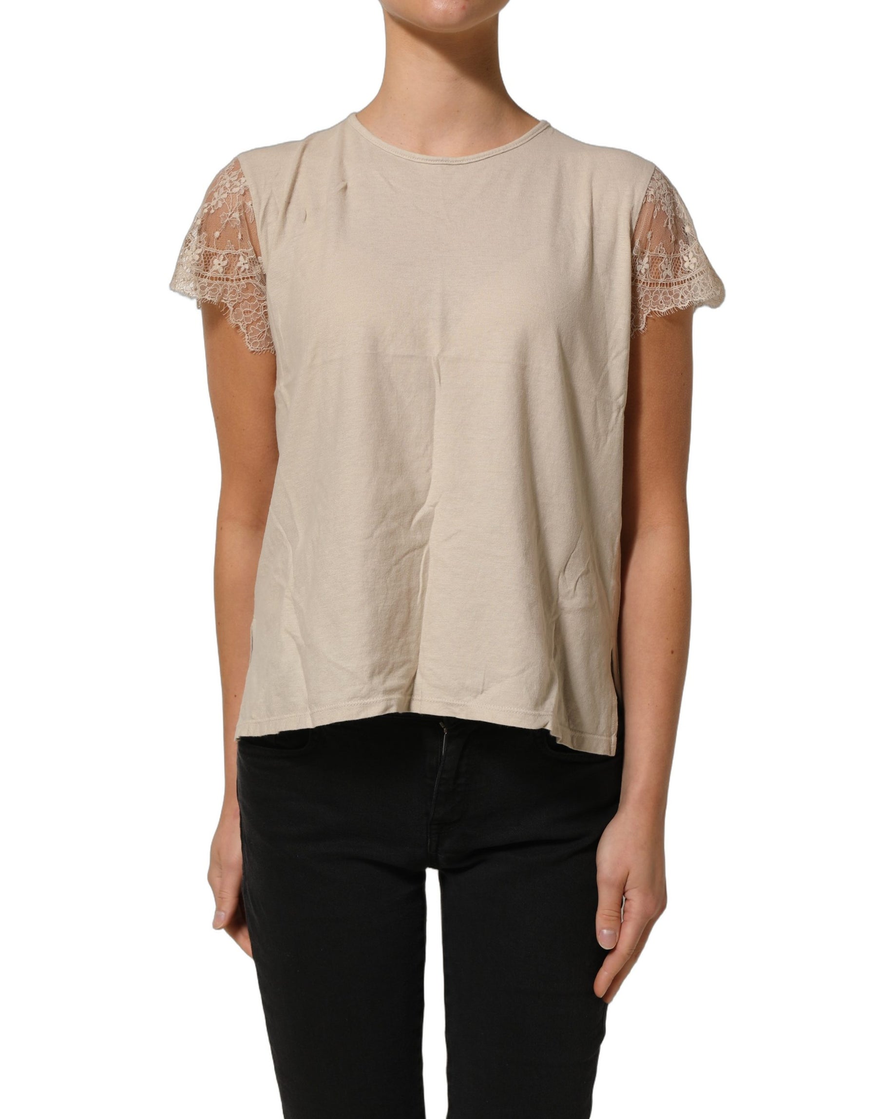 PINK MEMORIES Beige Cotton Lace Detailing Round Neck Top | Regal Royce
