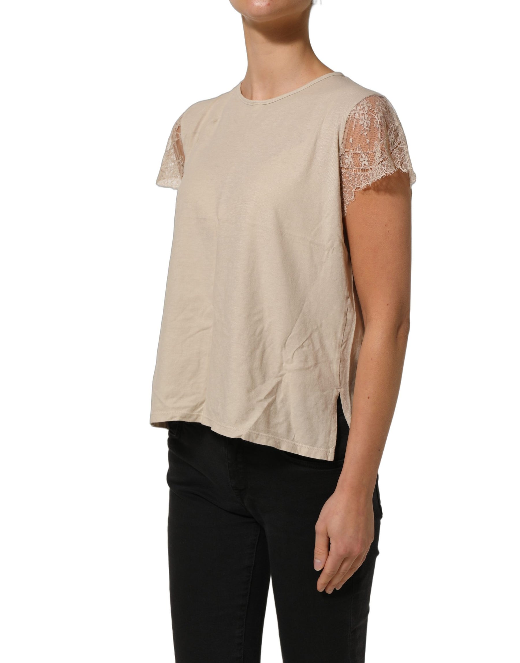 PINK MEMORIES Beige Cotton Lace Detailing Round Neck Top | Regal Royce
