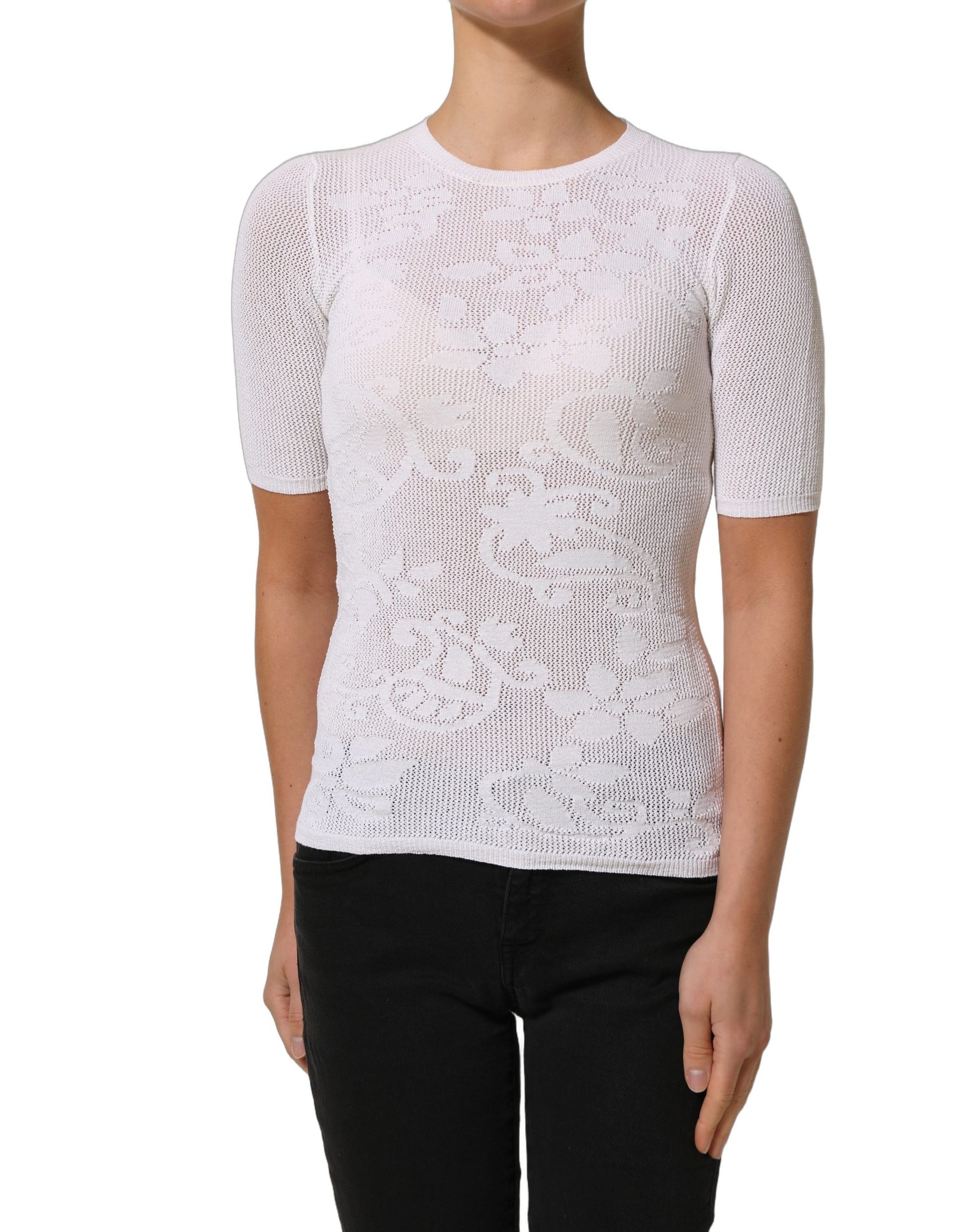 Alpha Studio White Floral Lace Knit Fabric Short Sleeves Blouse Top | Regal Royce
