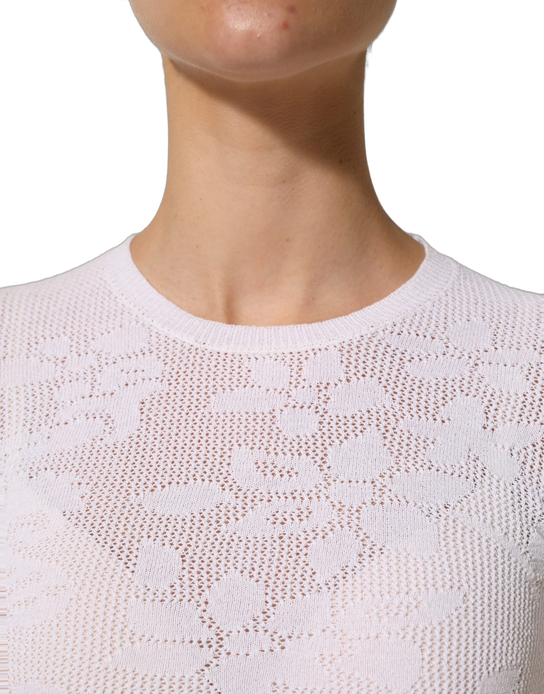 Alpha Studio White Floral Lace Knit Fabric Short Sleeves Blouse Top | Regal Royce
