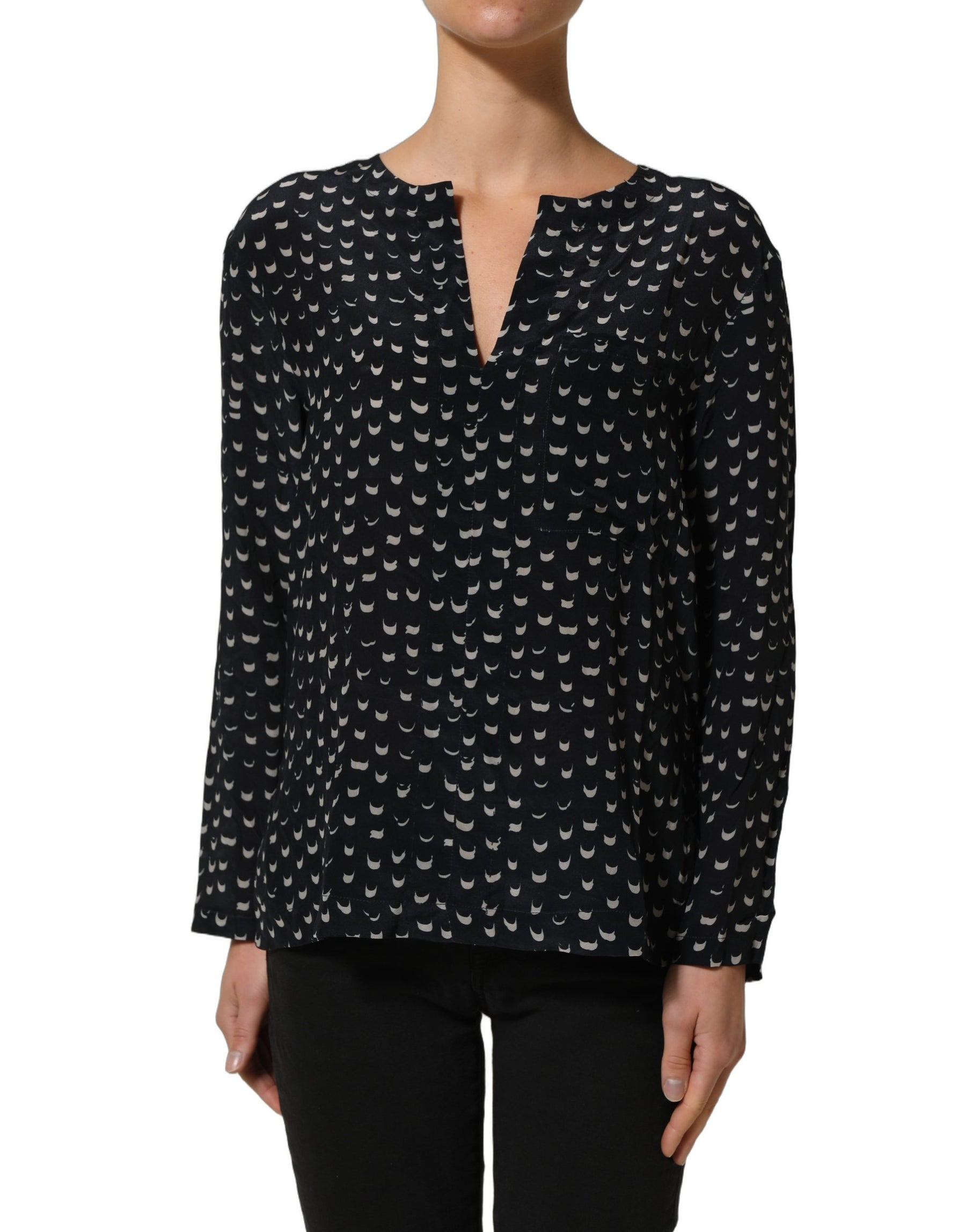 Bruno Manetti Black SIlk Long Sleeves Deep V-neck Blouse Top | Regal Royce