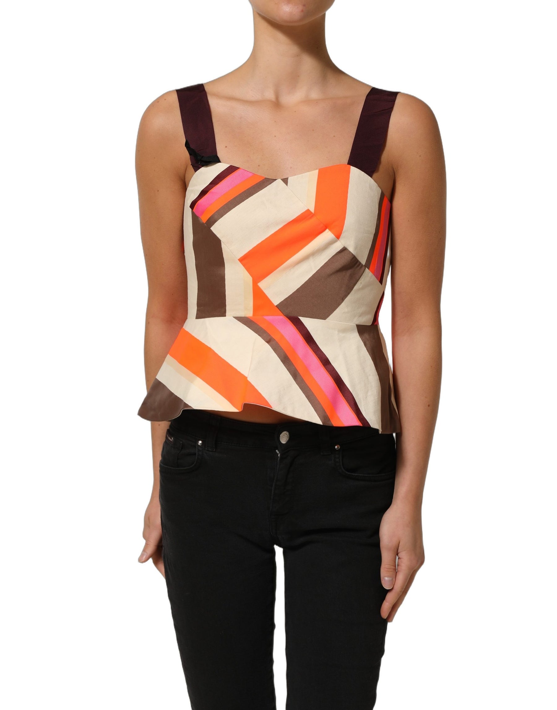 PINKO Multicolor Striped Cotton Sleeveless Draped Peplum Top | Regal Royce