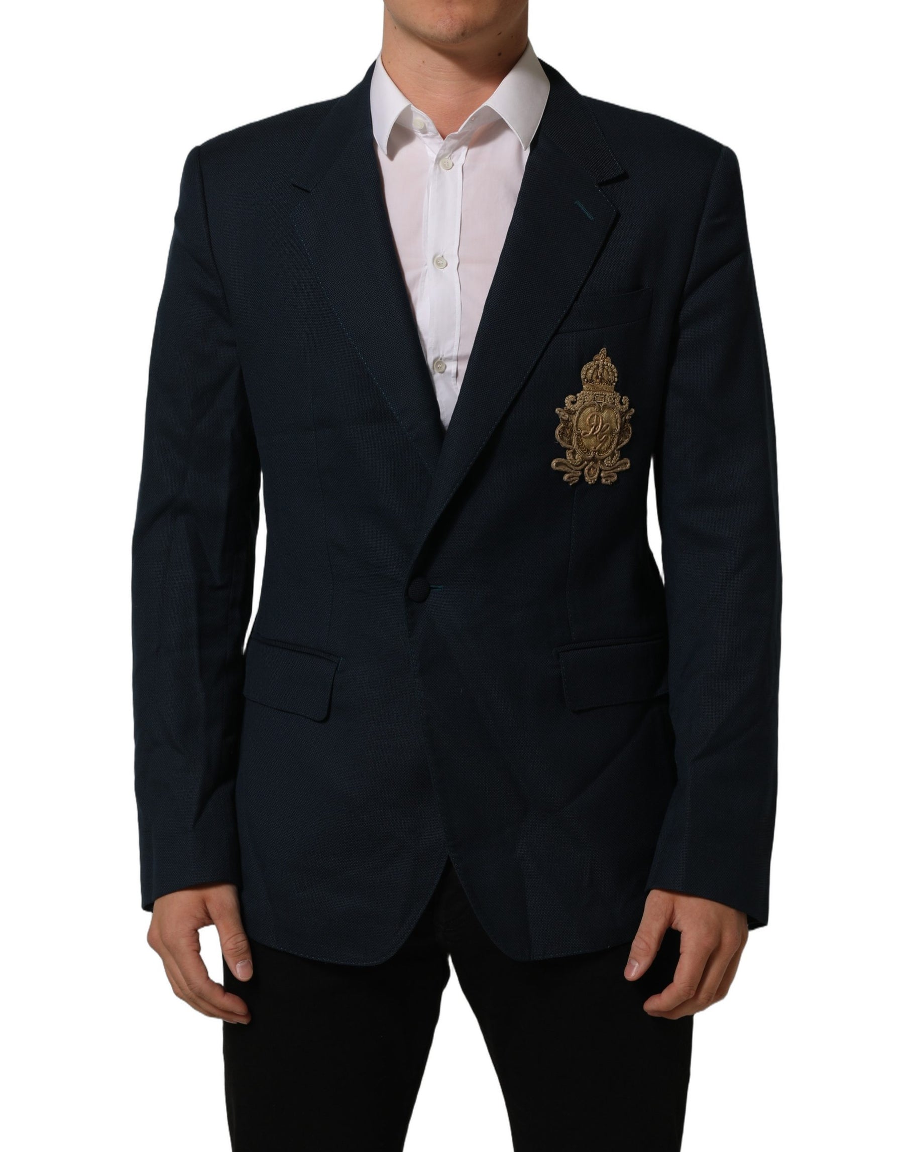 Dolce & Gabbana Blue Wool Logo Single Breasted Coat Jacket | Regal Royce