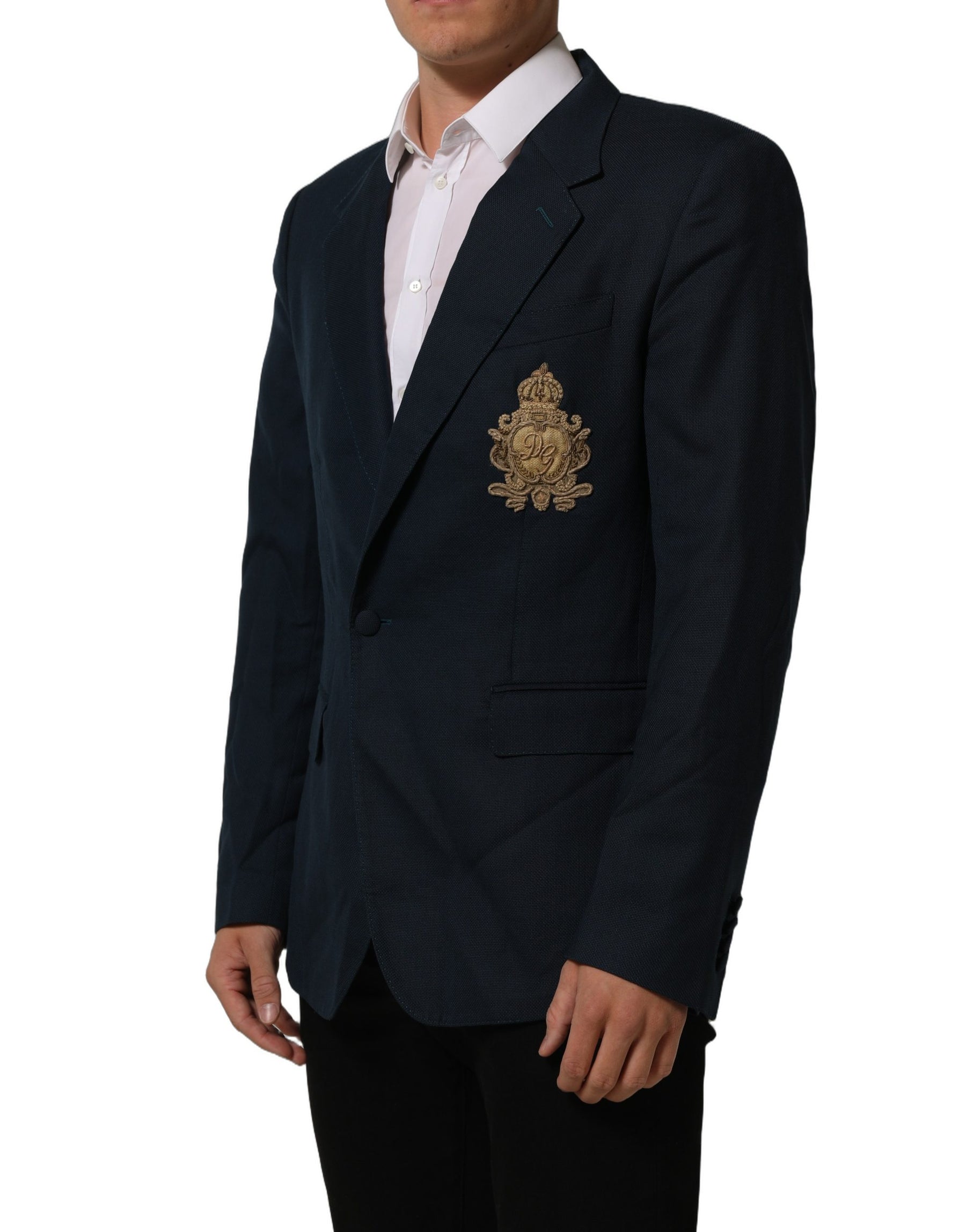 Dolce & Gabbana Blue Wool Logo Single Breasted Coat Jacket | Regal Royce