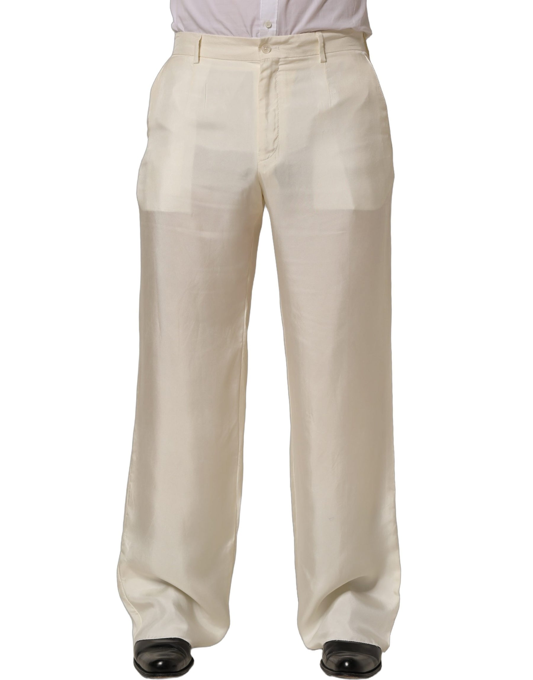 Dolce & Gabbana Off White Silk Straight Wide Leg Trouser Pants | Regal Royce