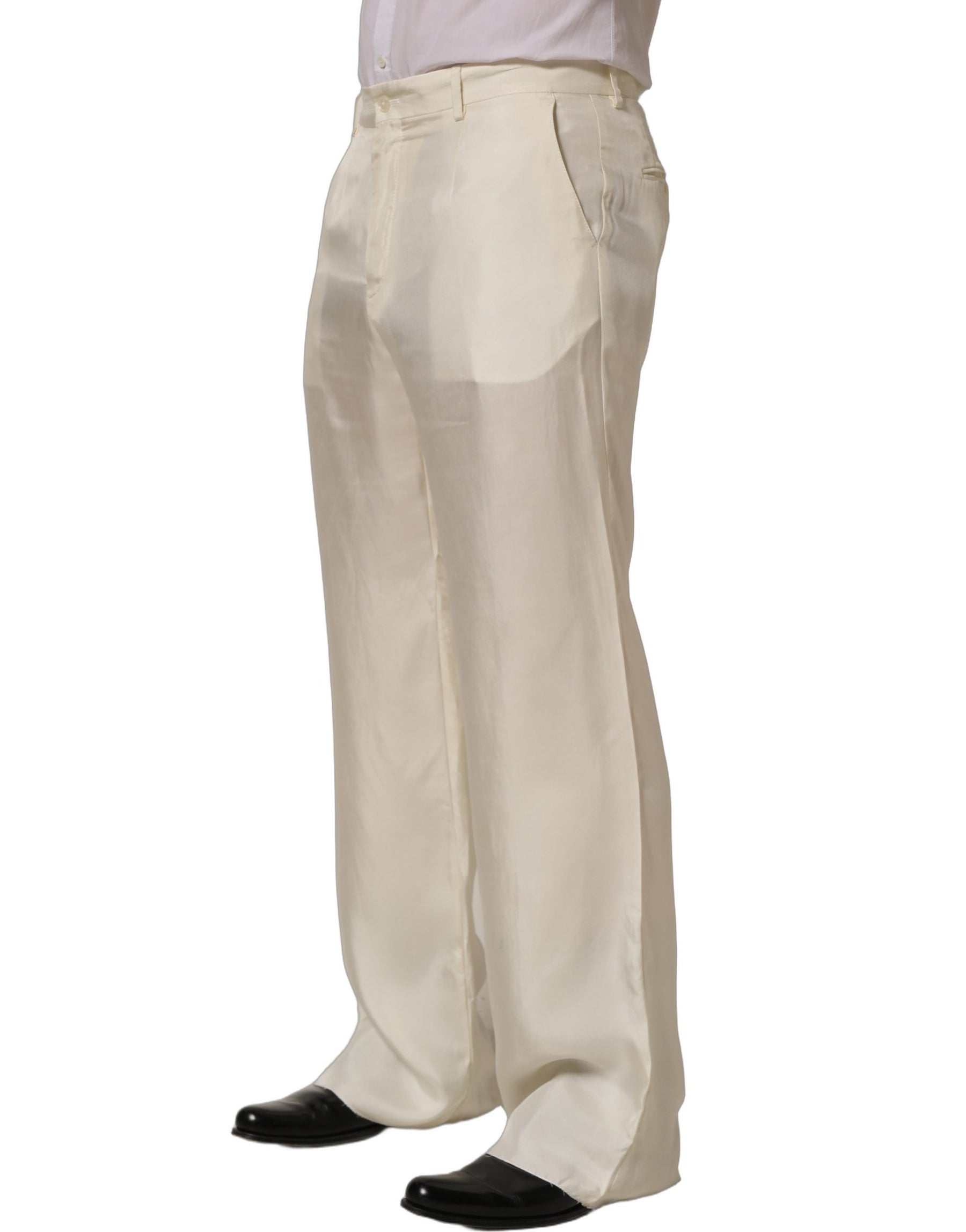Dolce & Gabbana Off White Silk Straight Wide Leg Trouser Pants | Regal Royce