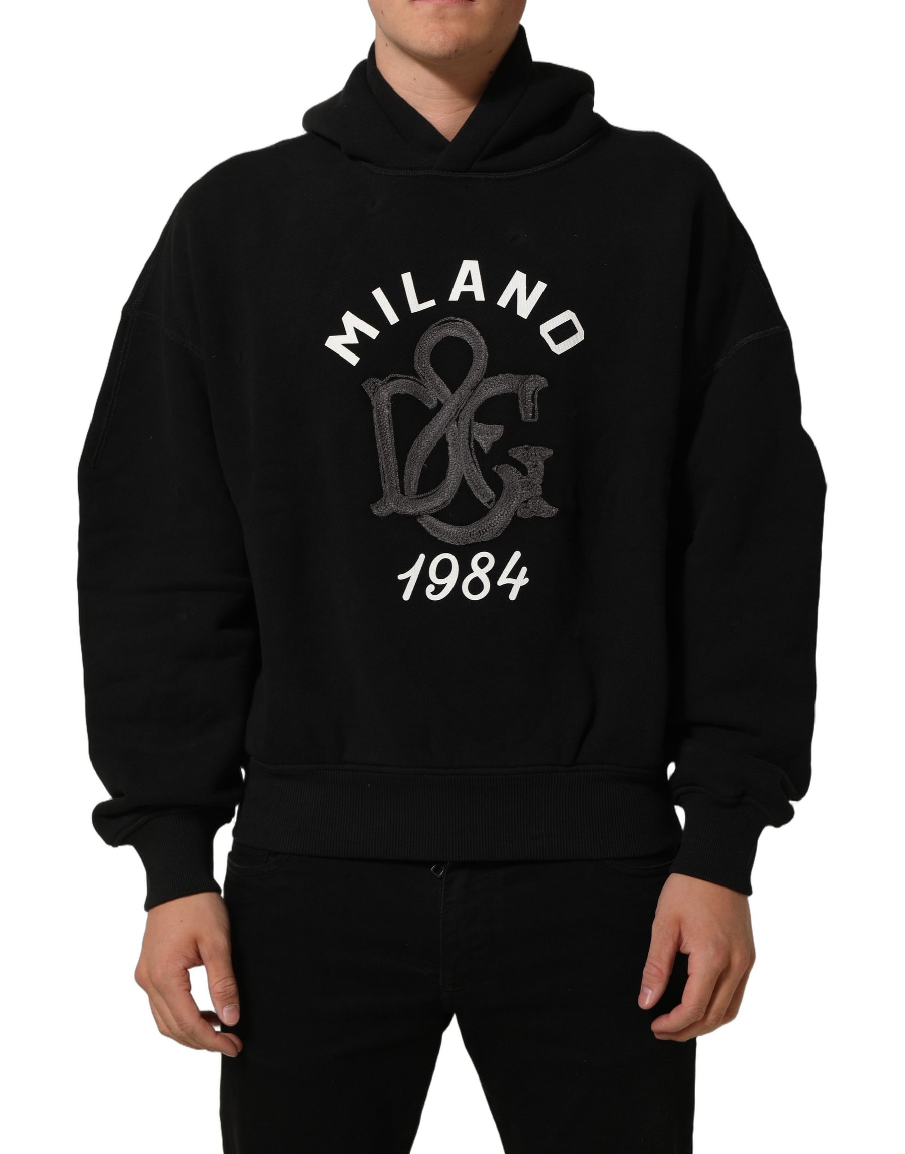 Dolce & Gabbana Black Cotton Milano1984 Print Hoodie Sweater | Regal Royce