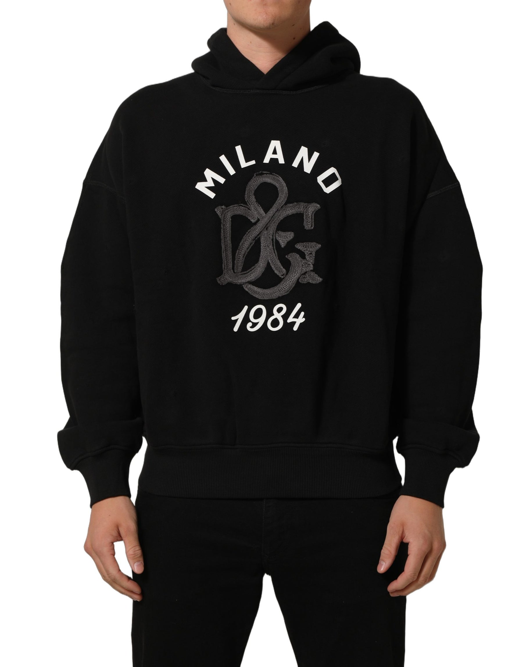 Dolce & Gabbana Black Cotton Milano1984 Print Hoodie Sweater | Regal Royce