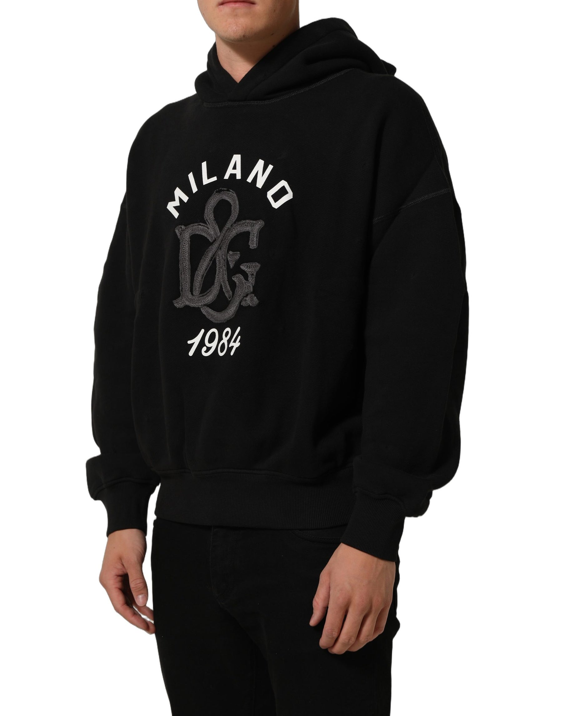 Dolce & Gabbana Black Cotton Milano1984 Print Hoodie Sweater | Regal Royce