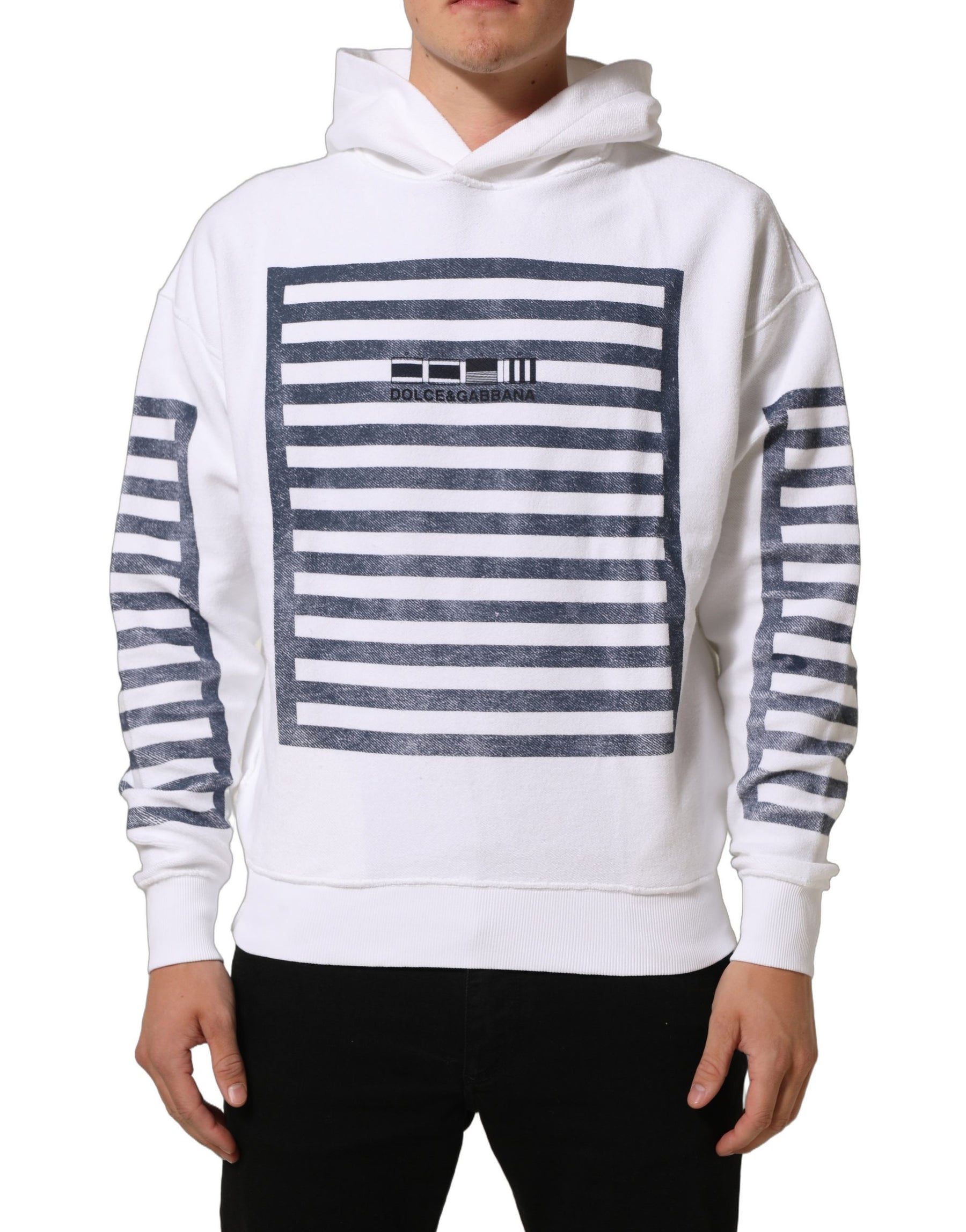 Dolce & Gabbana White Blue Stripe Hooded Sweatshirt Sweater | Regal Royce