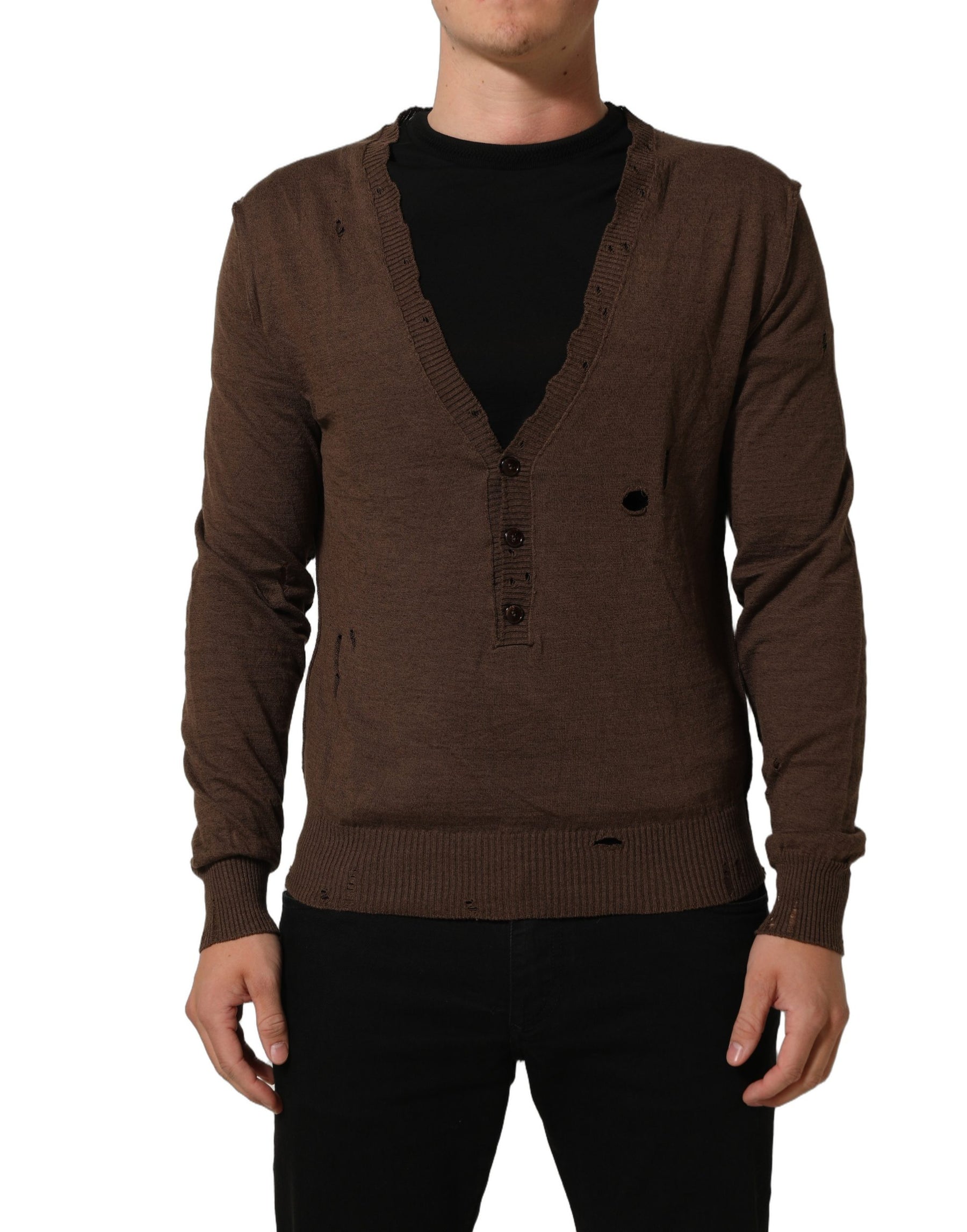 Dolce & Gabbana Brown Flax Buttoned V-neck Pullover Sweater | Regal Royce