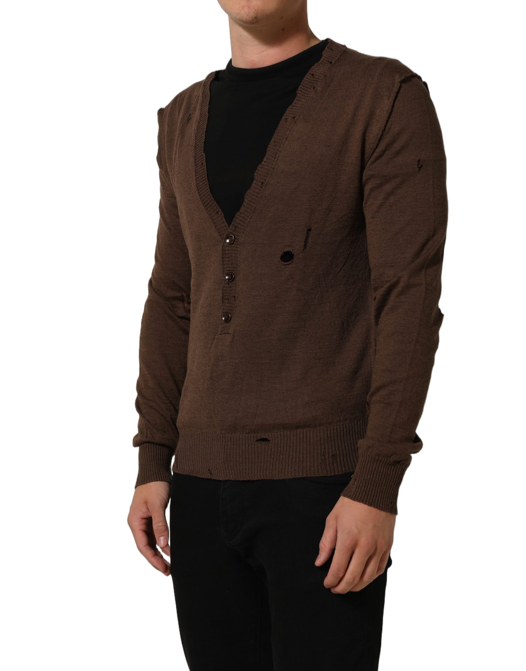 Dolce & Gabbana Brown Flax Buttoned V-neck Pullover Sweater | Regal Royce