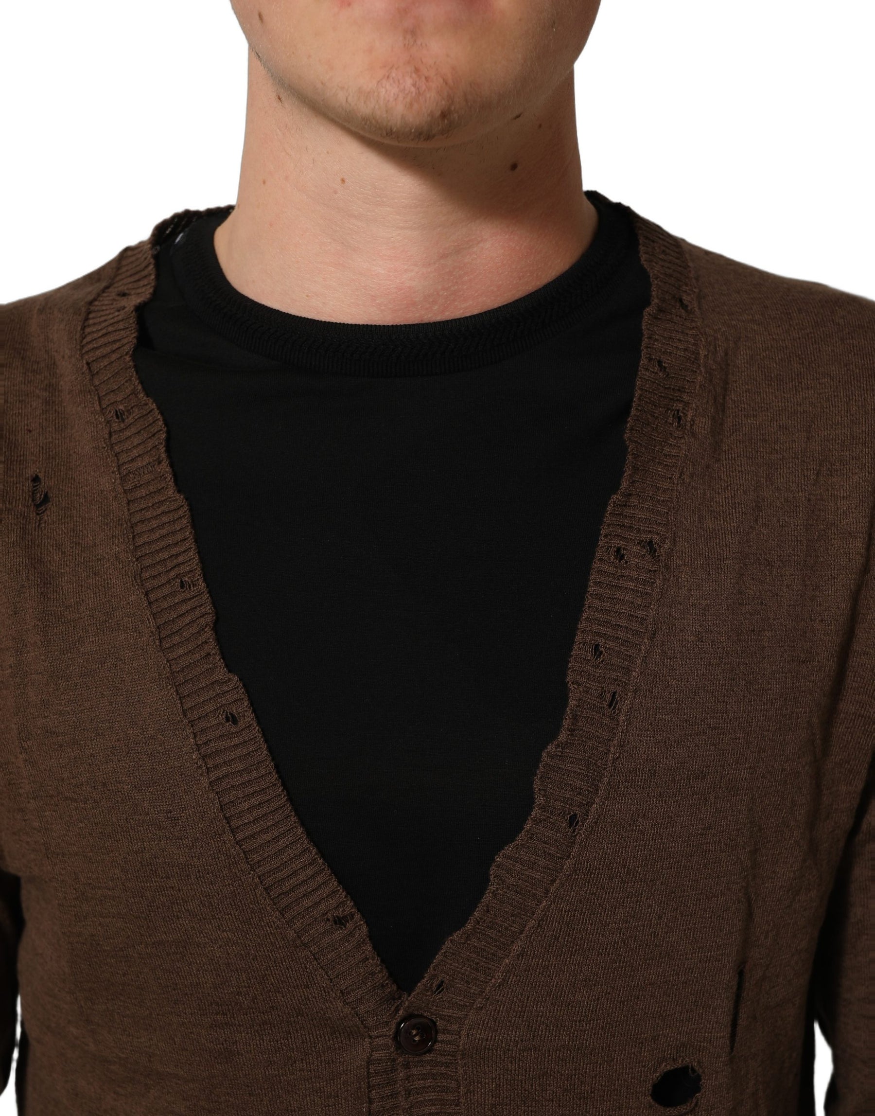 Dolce & Gabbana Brown Flax Buttoned V-neck Pullover Sweater | Regal Royce