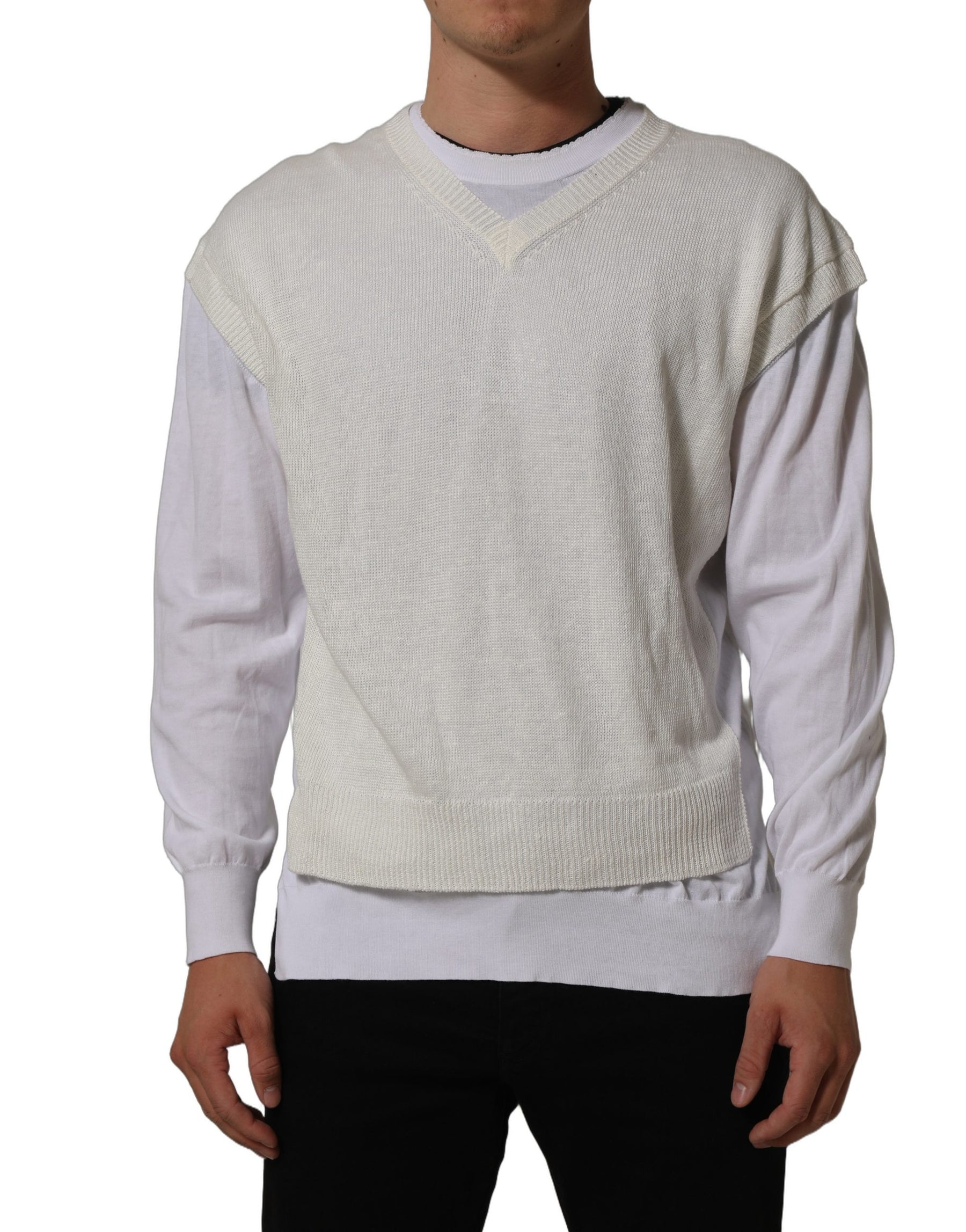 Dolce & Gabbana White Flax CrewNeck Layered Pullover Sweater | Regal Royce