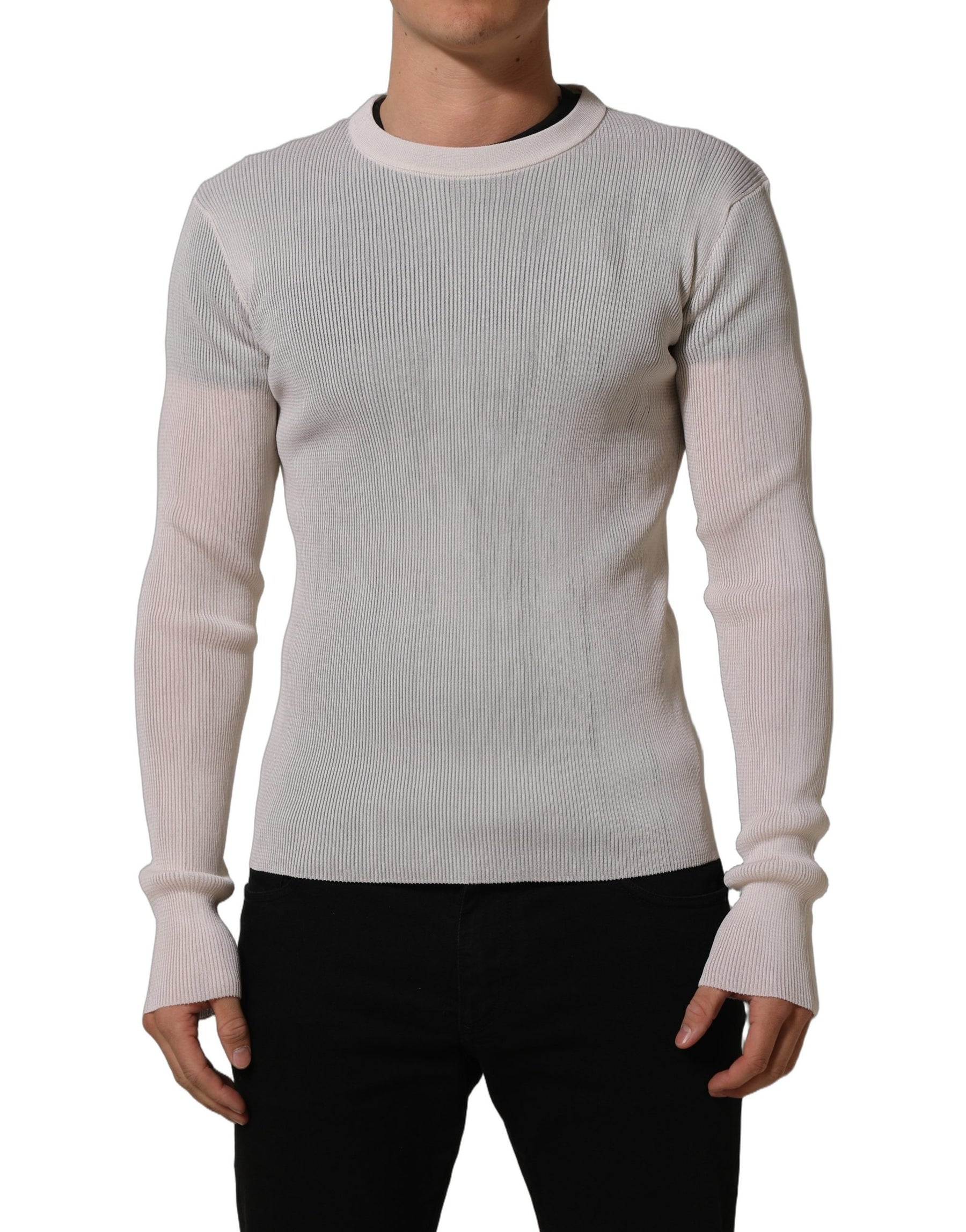 Dolce & Gabbana White Silk Crew Neck Men Pullover Sweater | Regal Royce