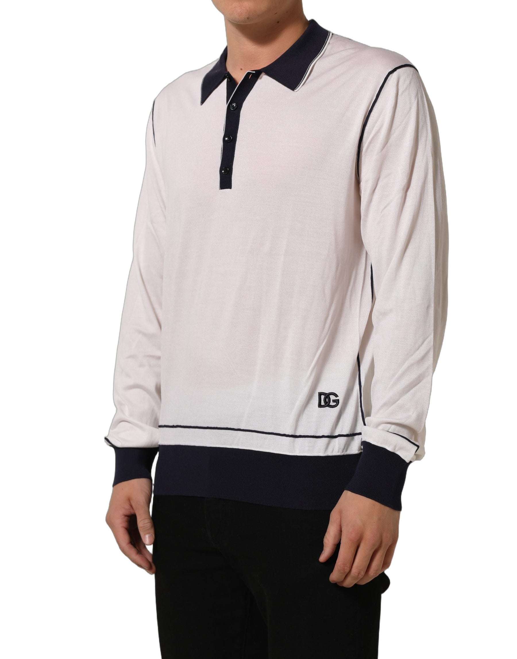 Dolce & Gabbana White Silk Collared Henley Pullover Sweater | Regal Royce