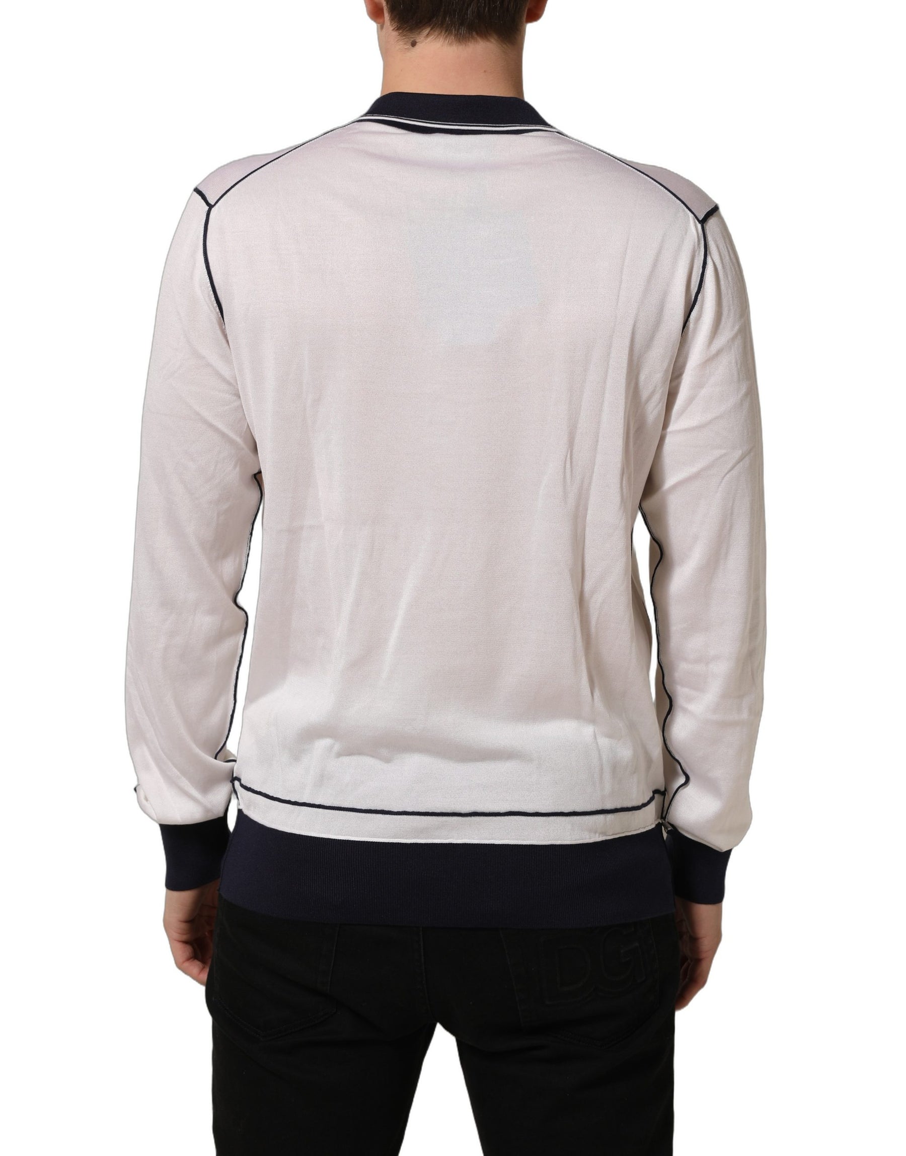 Dolce & Gabbana White Silk Collared Henley Pullover Sweater | Regal Royce
