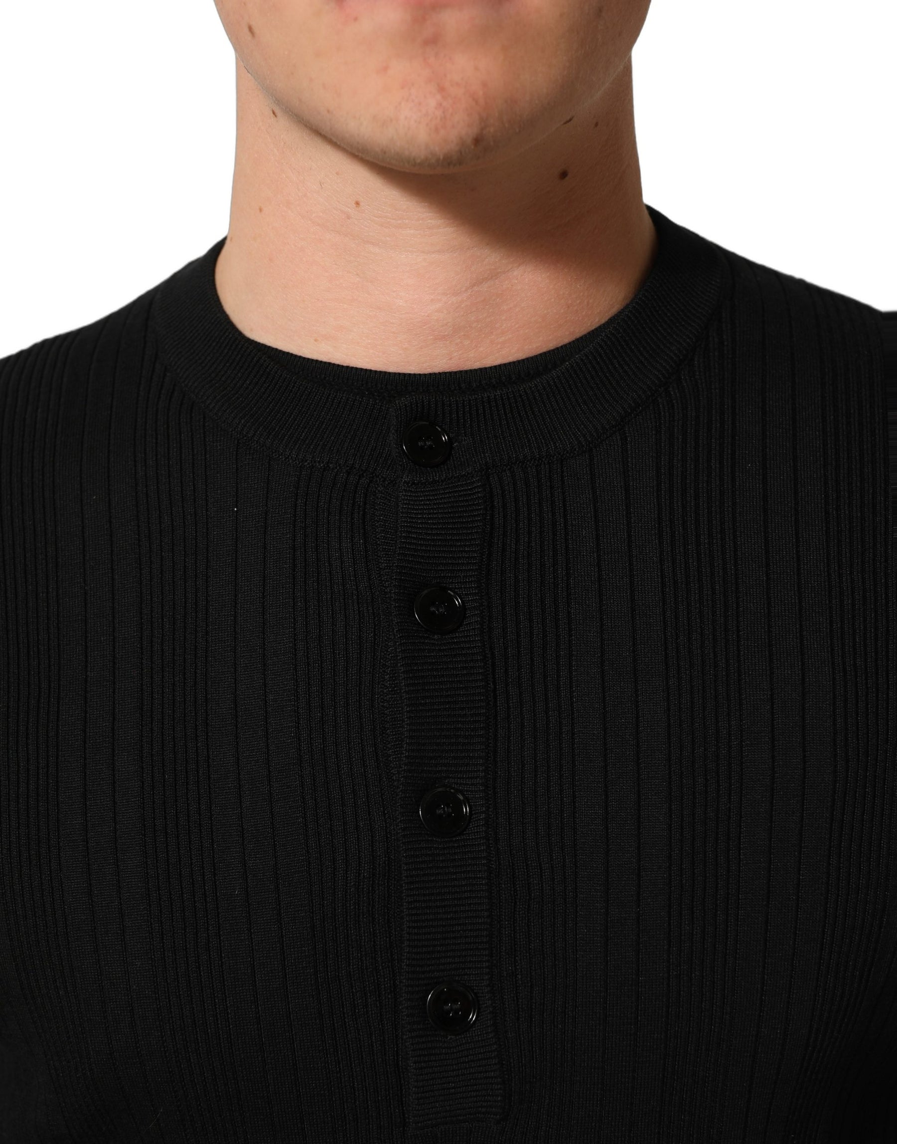 Dolce & Gabbana Black Silk Blend Henley Pullover Men Sweater | Regal Royce