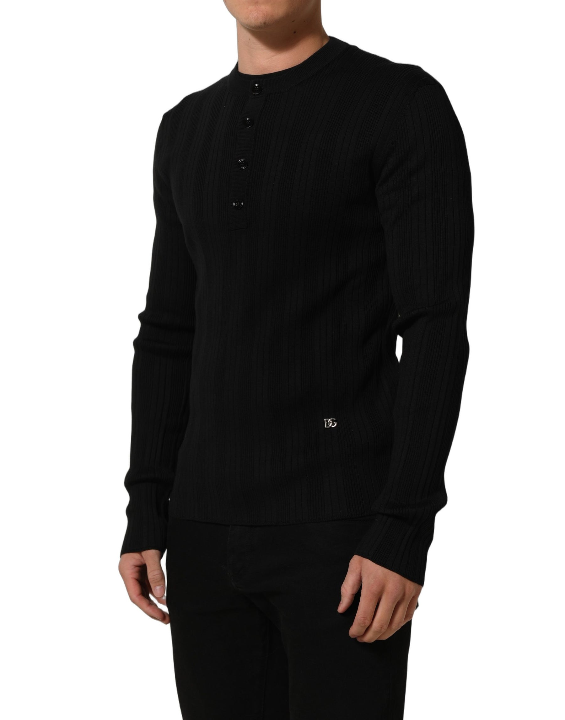 Dolce & Gabbana Black Silk Blend Henley Pullover Men Sweater | Regal Royce
