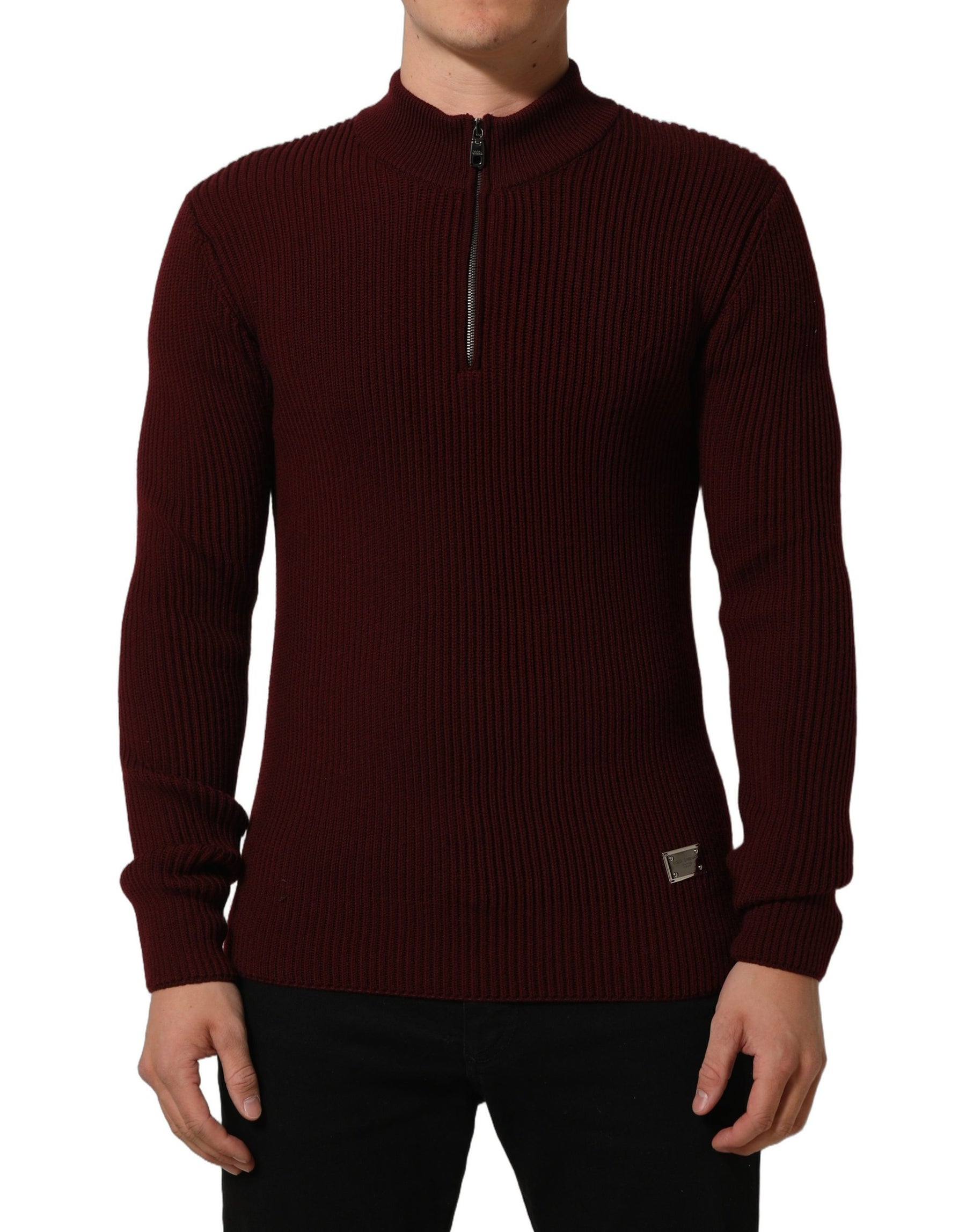 Dolce & Gabbana Burgundy Wool Half Zip Men Pullover Sweater | Regal Royce