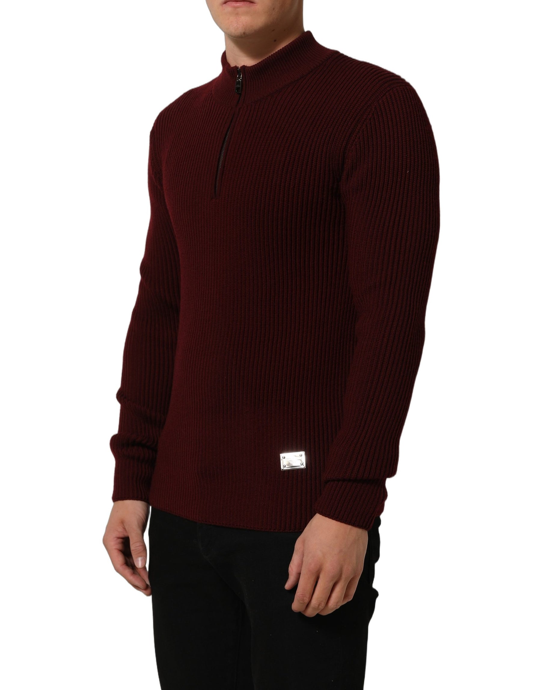 Dolce & Gabbana Burgundy Wool Half Zip Men Pullover Sweater | Regal Royce