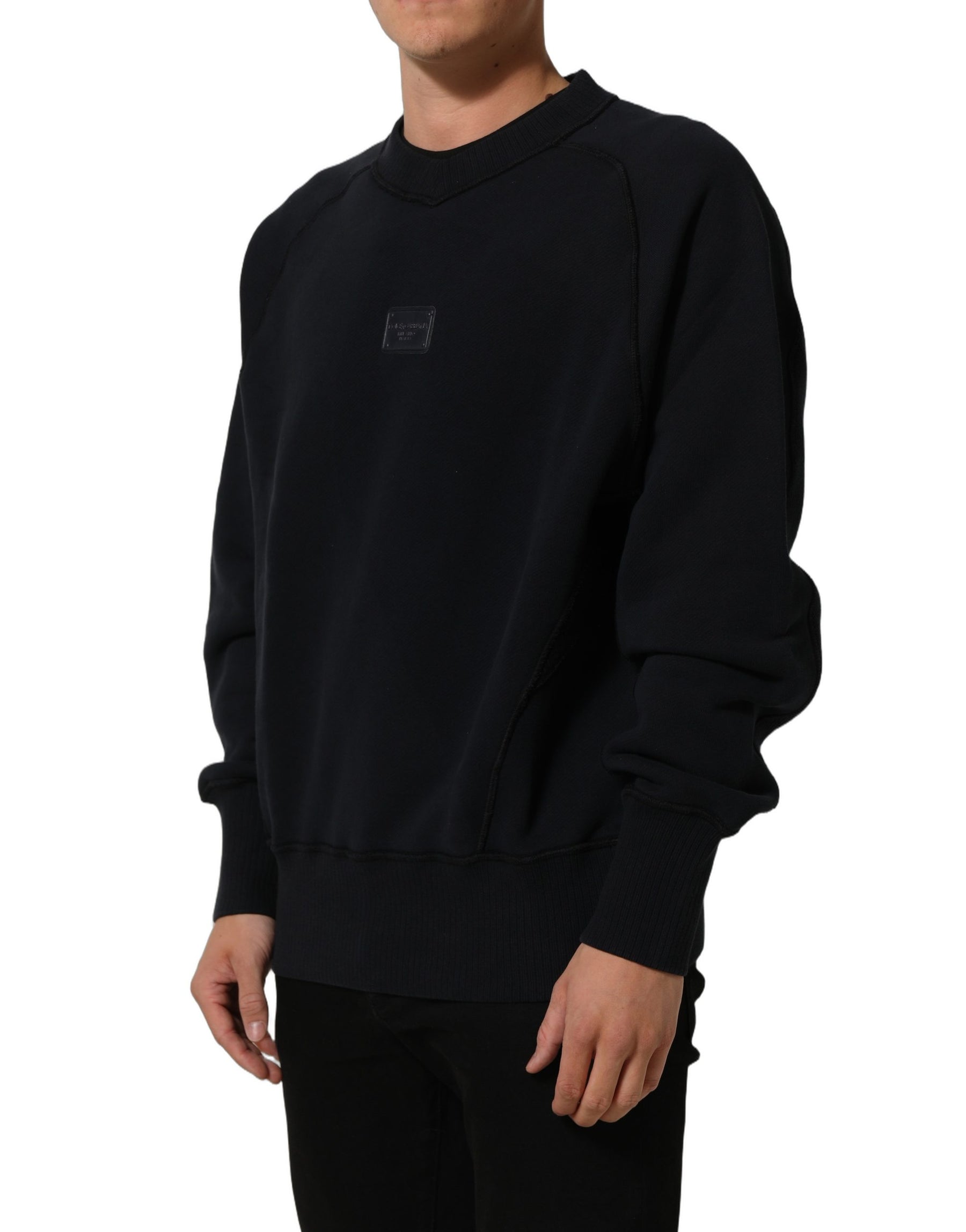 Dolce & Gabbana Black Logo Plaque Cotton Crew Neck Pullover Sweater | Regal Royce