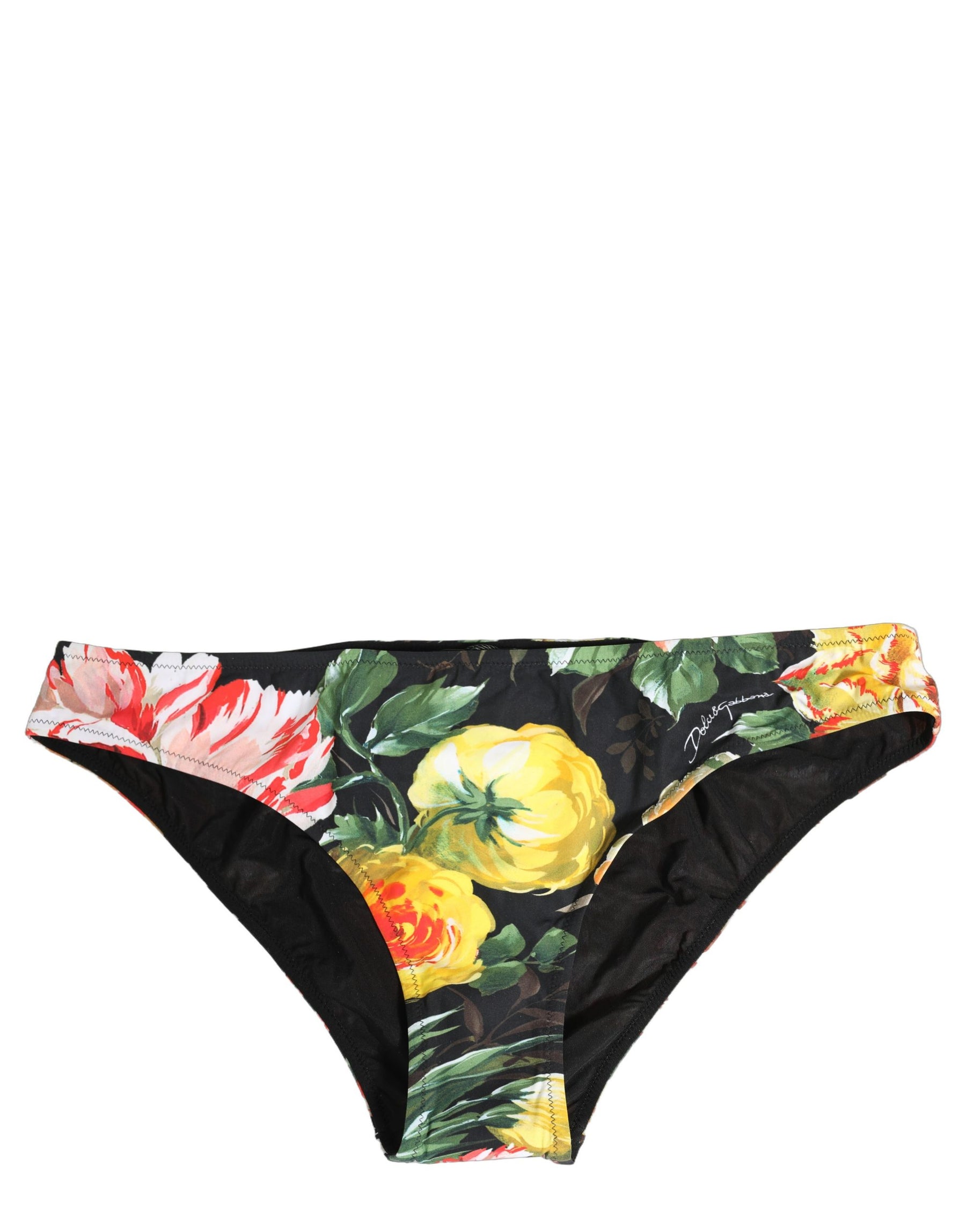 Dolce & Gabbana Black Nylon Floral Print Bikini Bottom Swimwear | Regal Royce