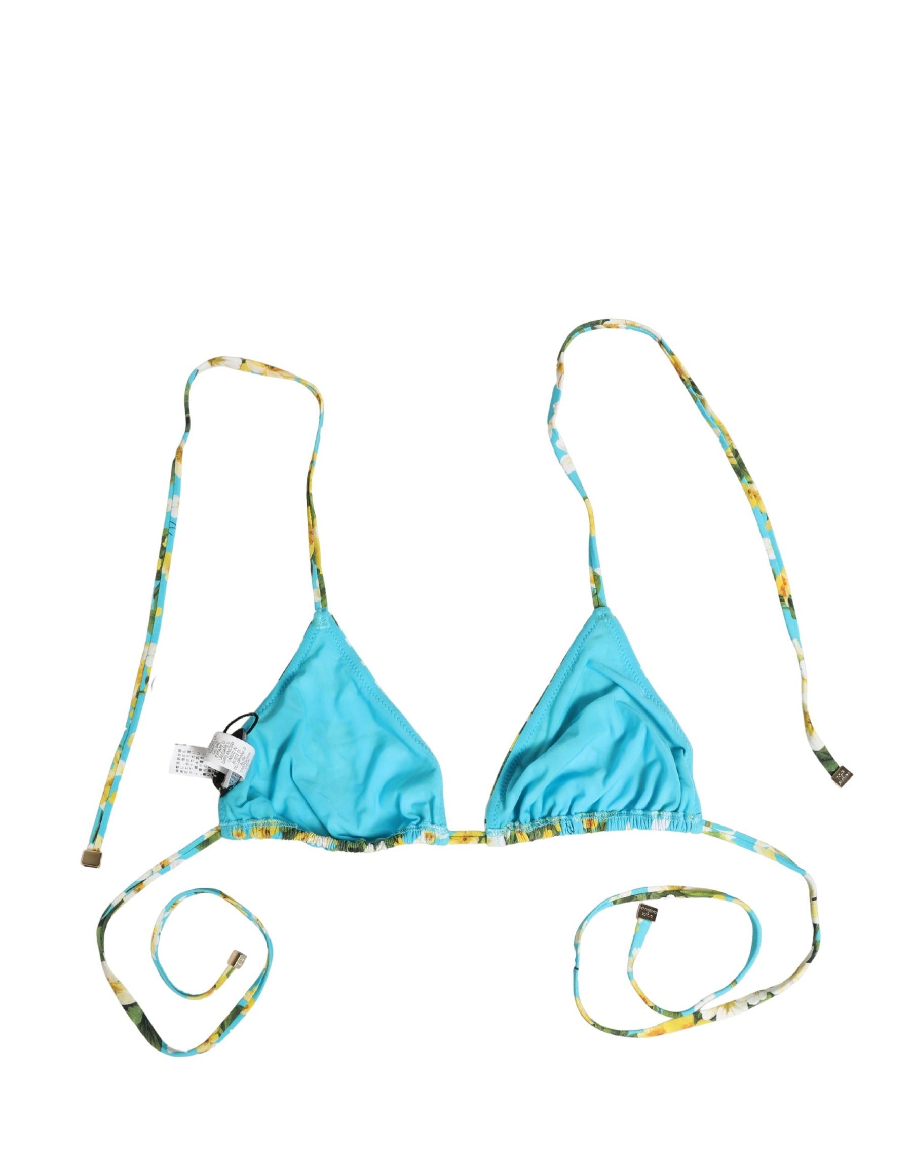 Dolce & Gabbana Blue Floral Print Nylon Halter Bikini Top Swimwear | Regal Royce