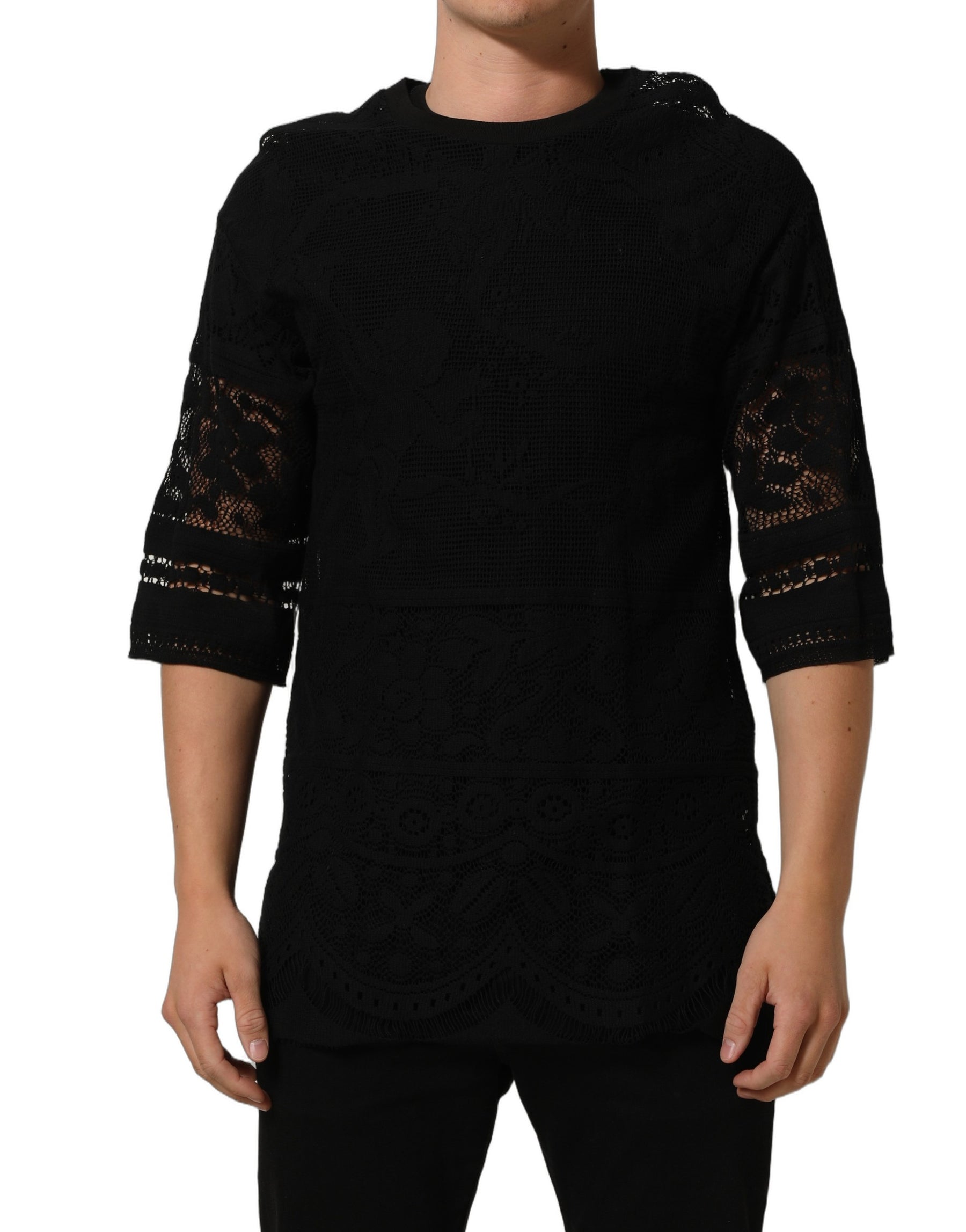 Dolce & Gabbana Black Cotton Floral Lace Crew Neck T-shirt | Regal Royce